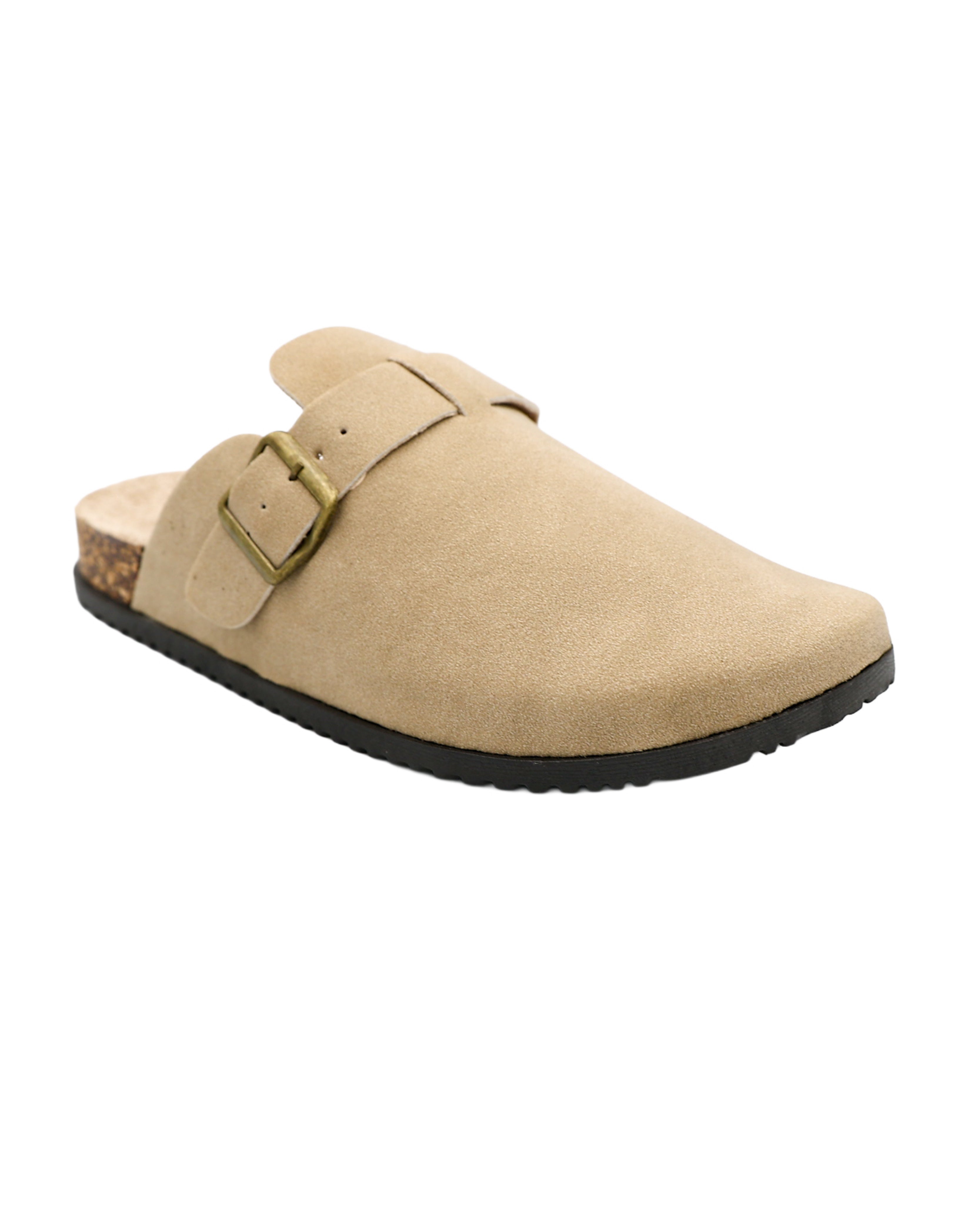 Camel Suede-Look Buckle Closed Toe Mule