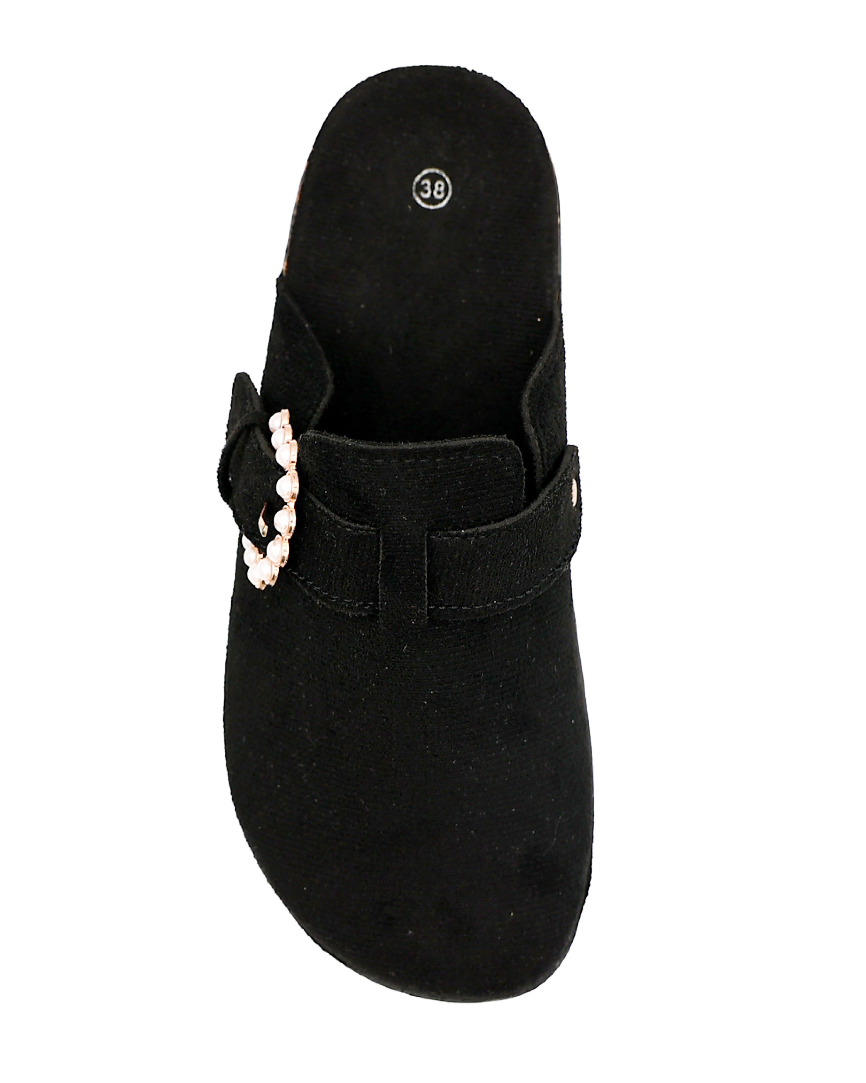 Black Suede-Look Pearl Buckle Closed Mules