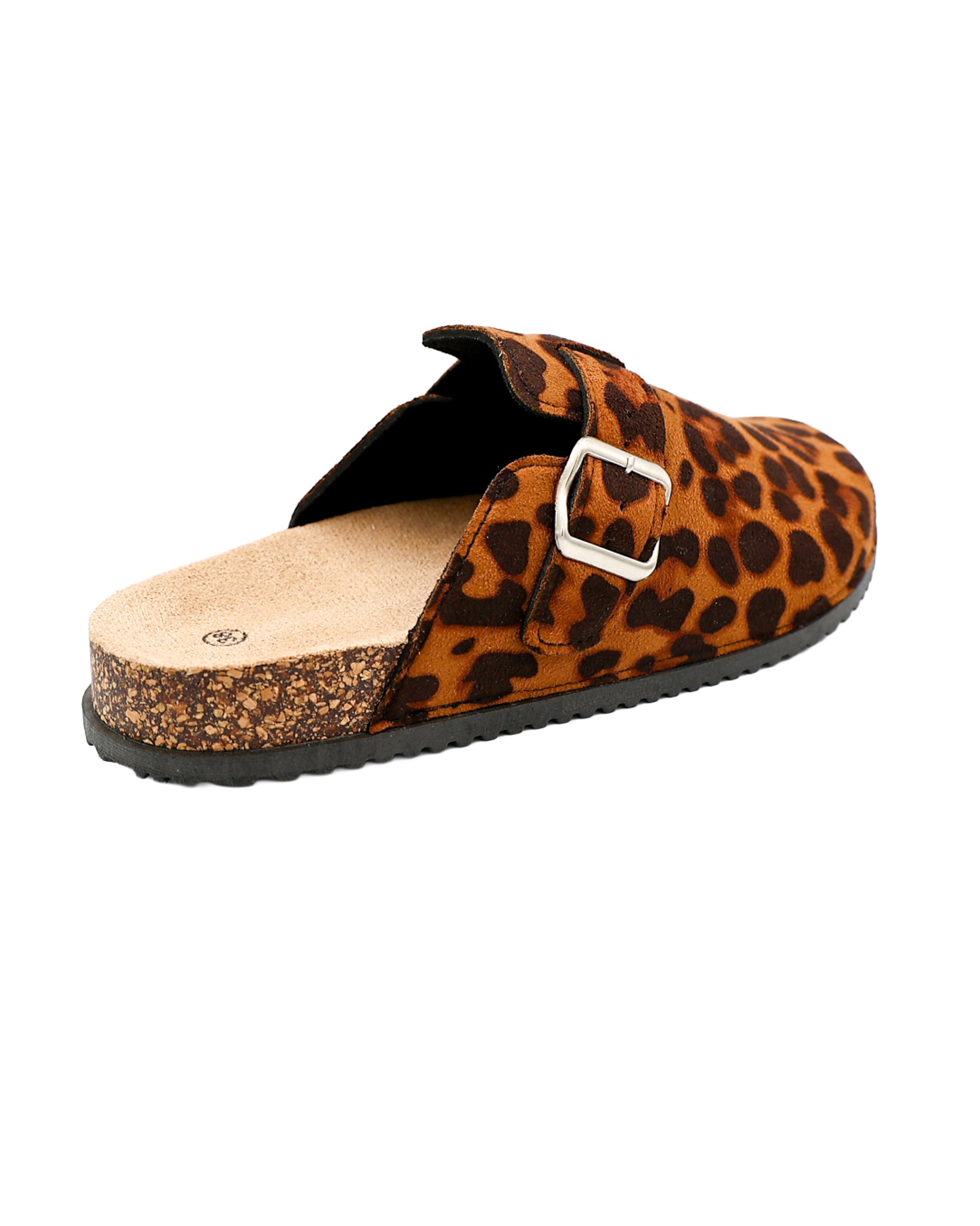 Tan Suede-Look Leopard Print Buckle Closed Toe Mules