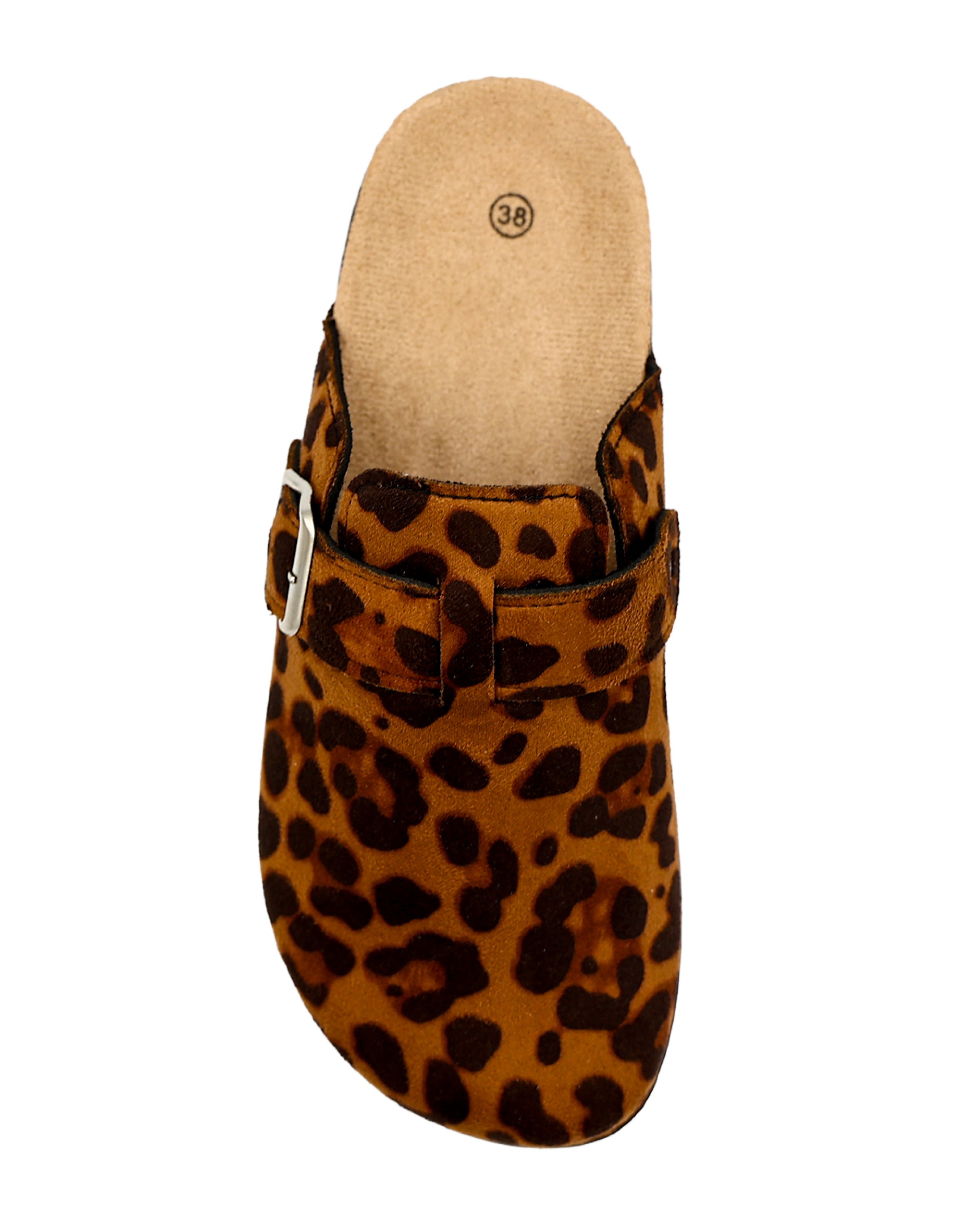 Tan Suede-Look Leopard Print Buckle Closed Toe Mules