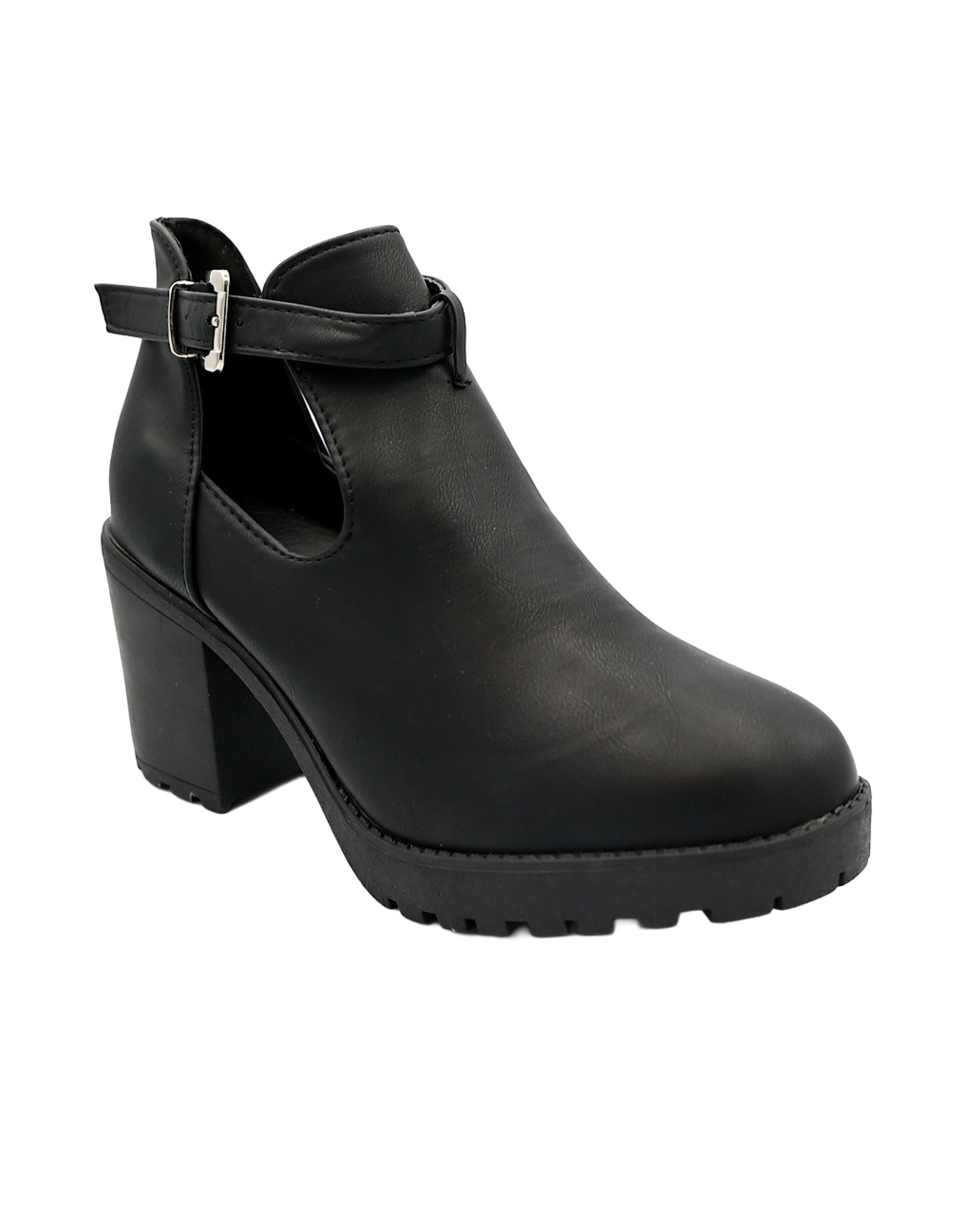 Black Ankle Buckle Cut Out Block Heel Boot