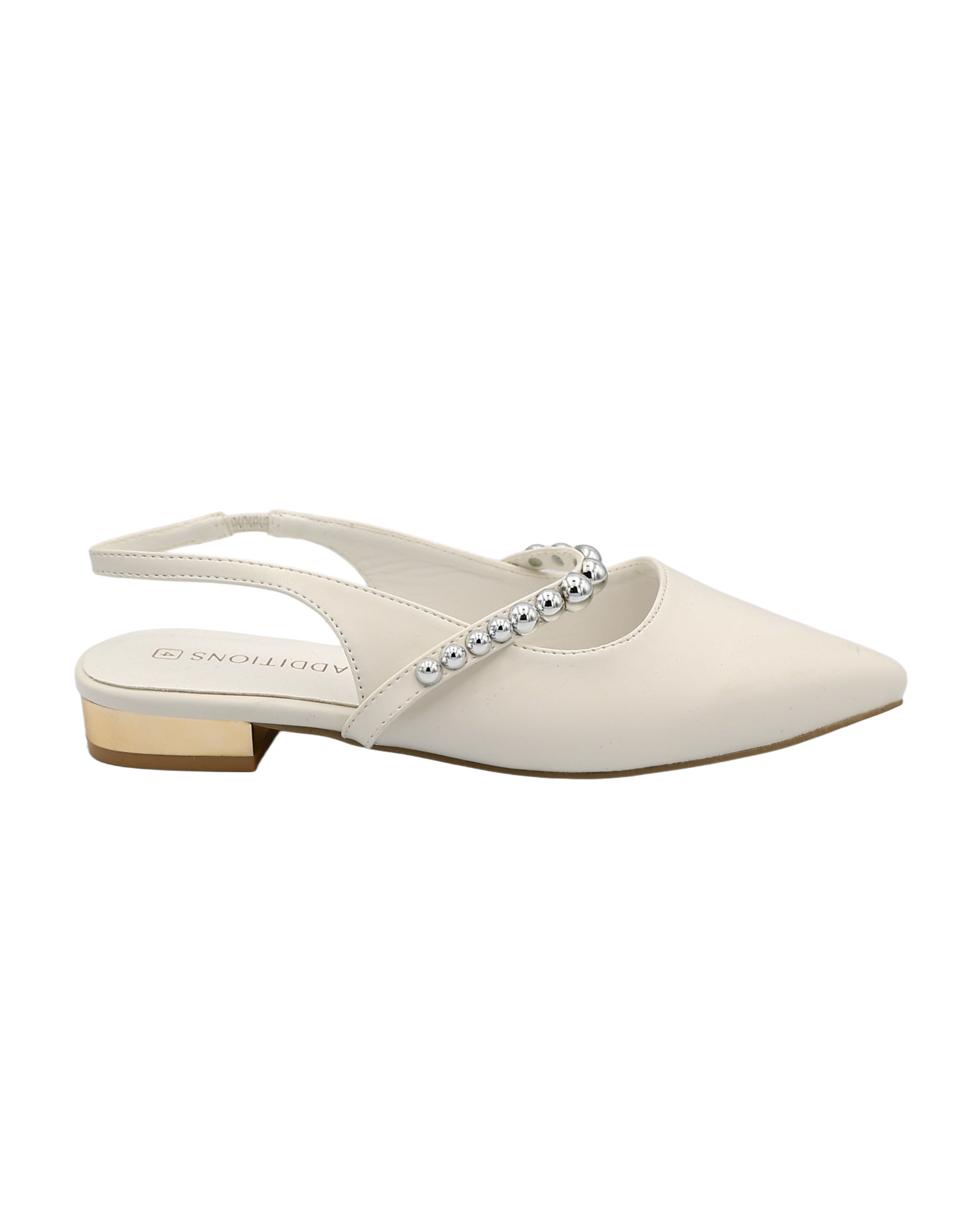 White Dome Studded Bar Slingback Pumps