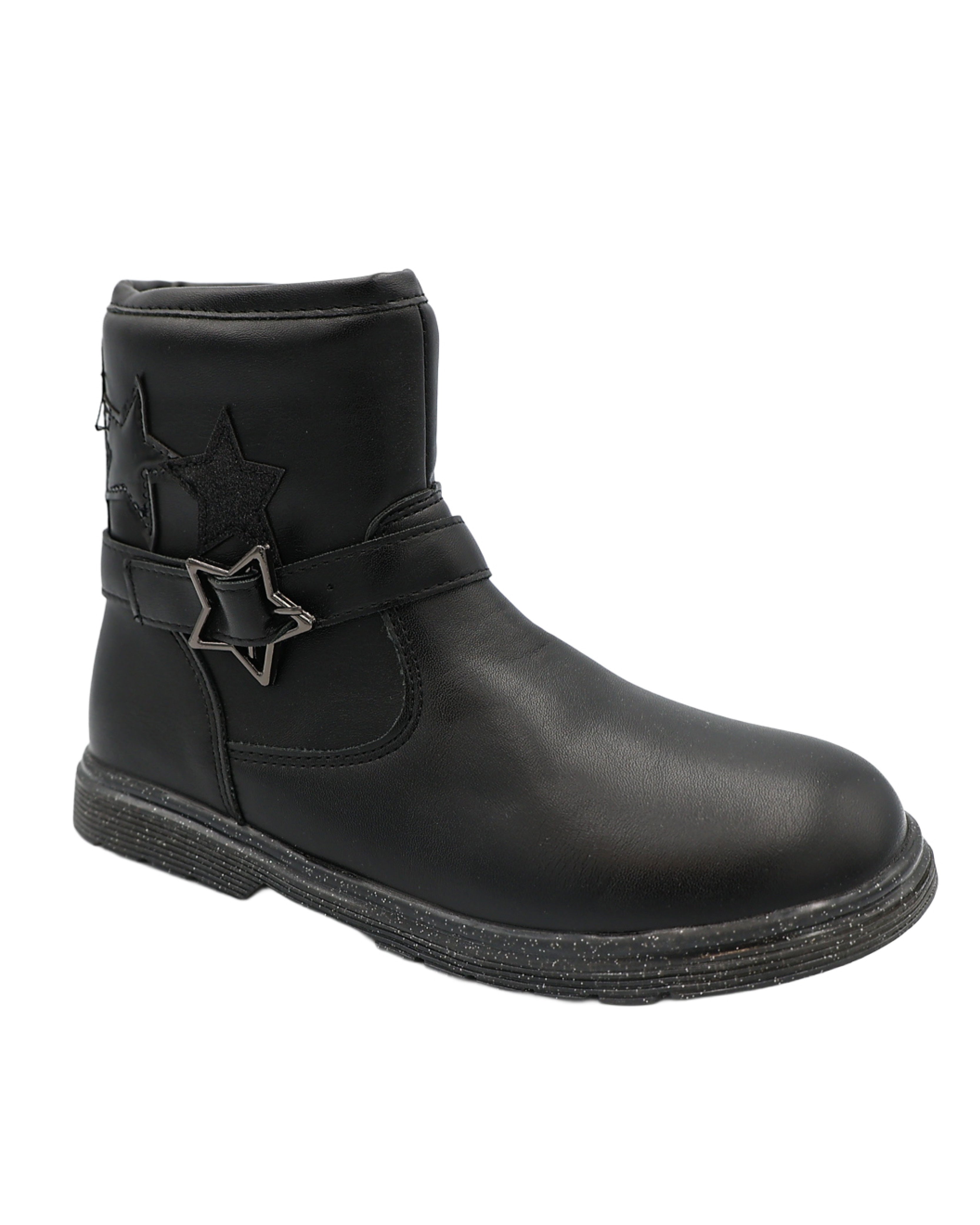 Girls Black Star Buckle Mid Calf Boot