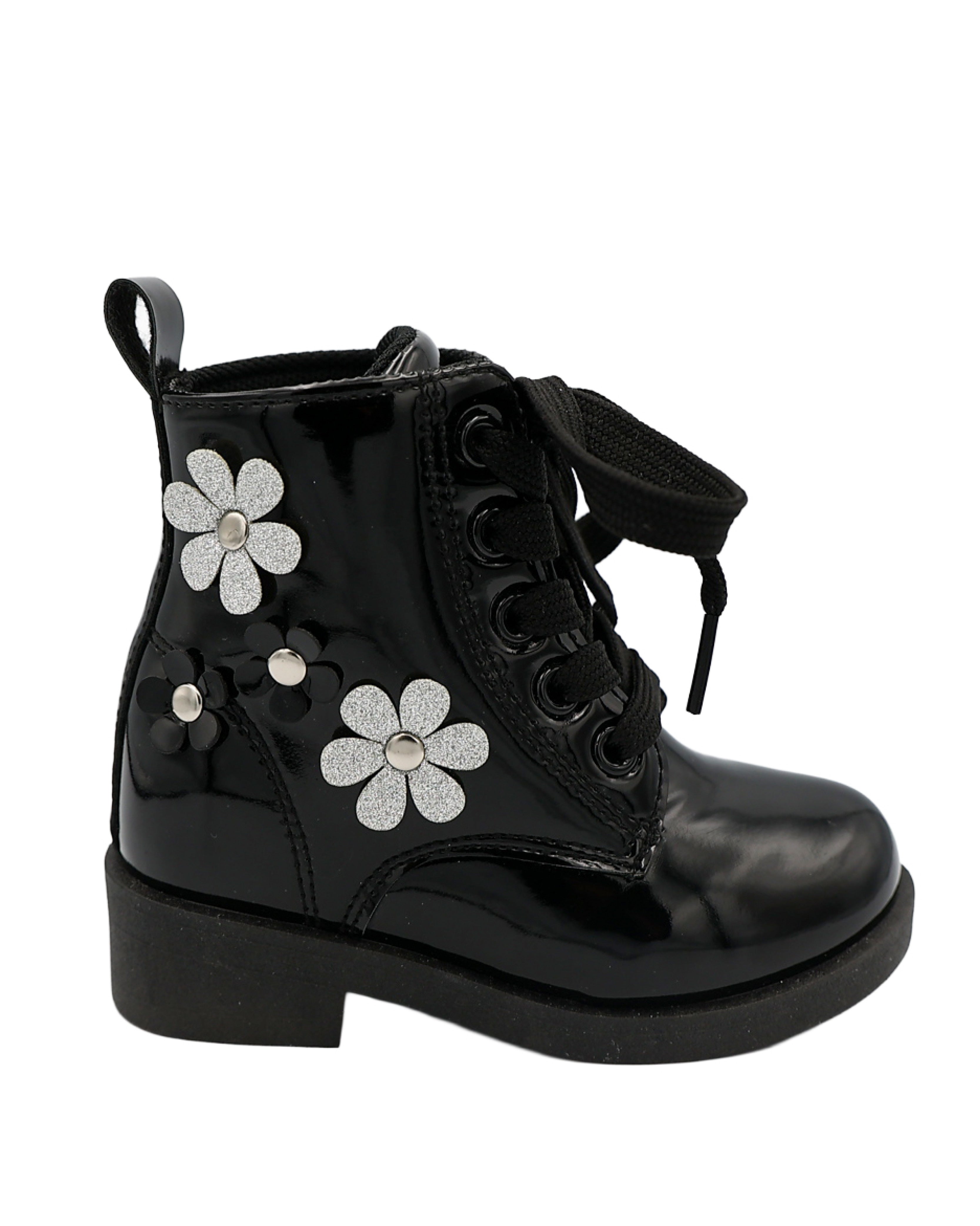 Girls Daisy Applique Black Lace Up Worker Boot