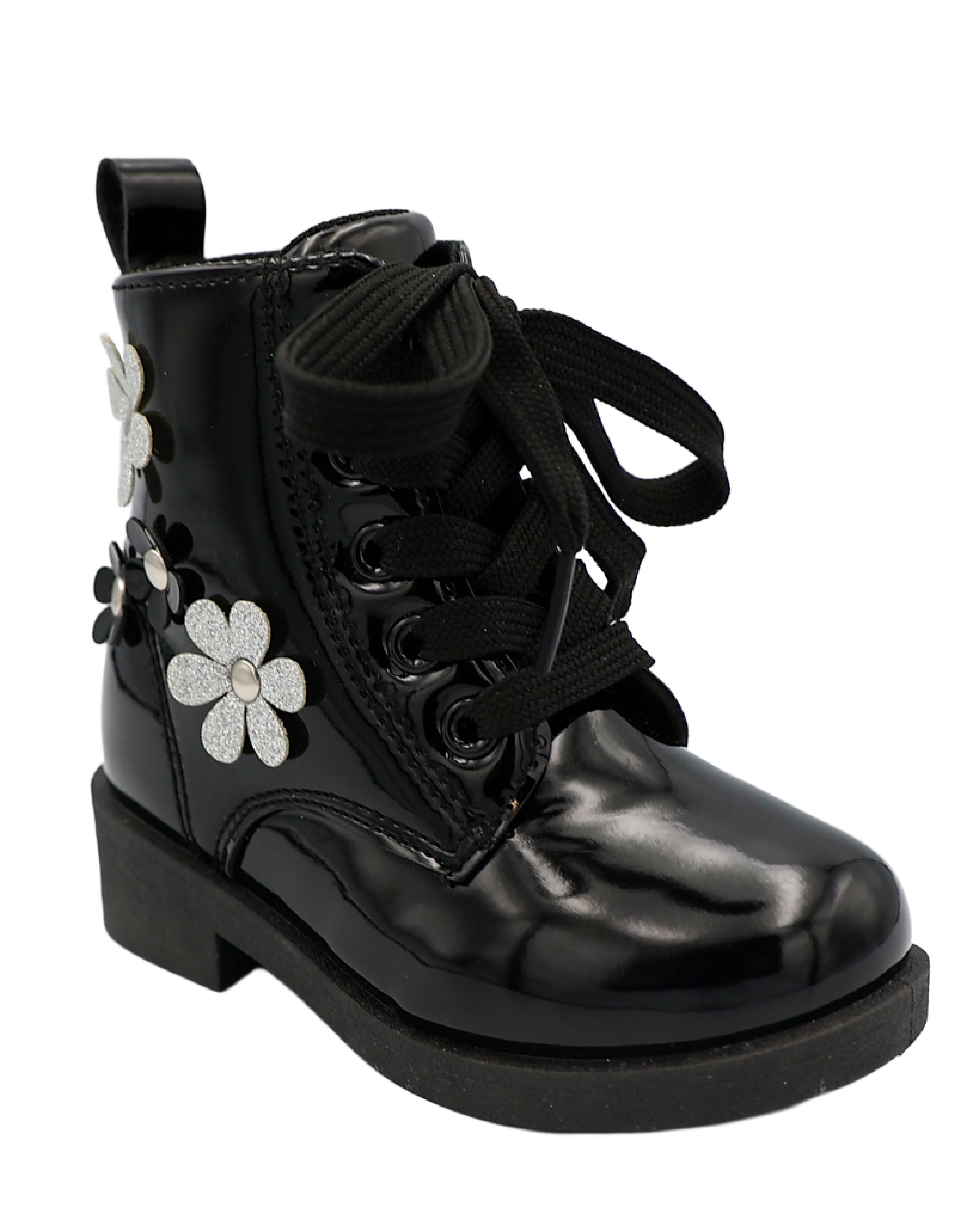 Girls Daisy Applique Black Lace Up Worker Boot