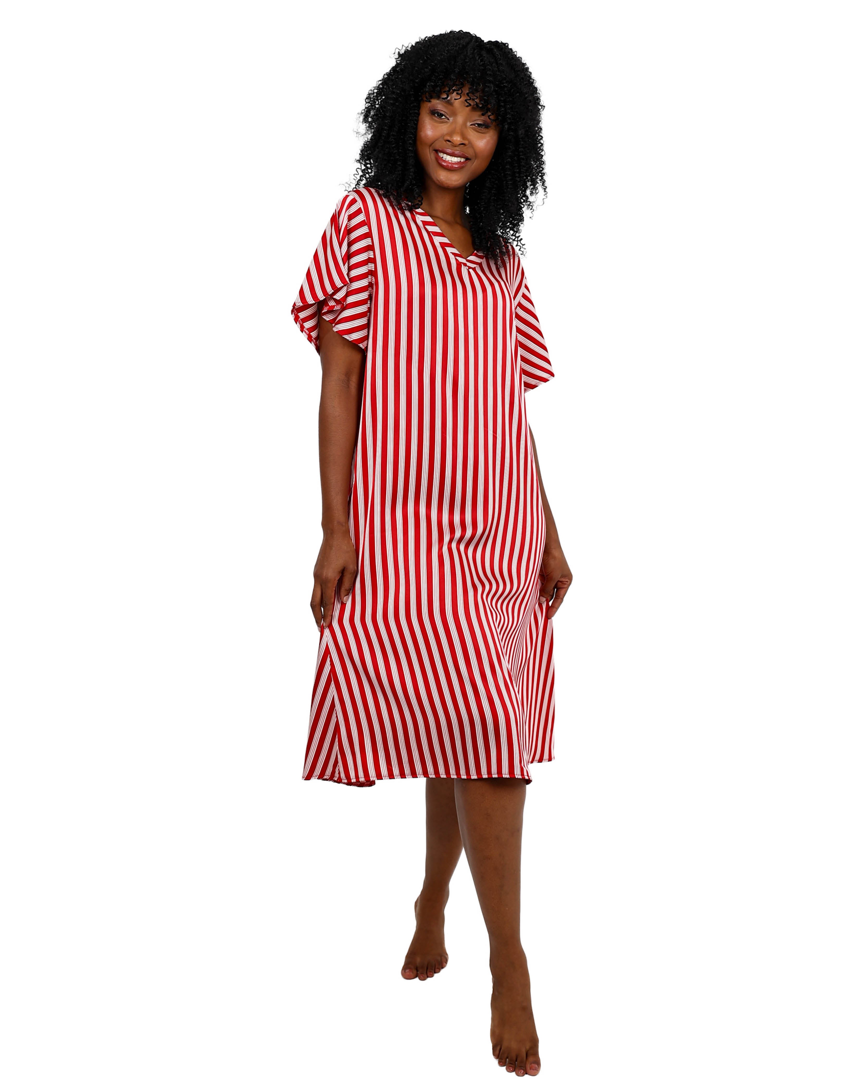 Short Sleeve Red & White Kaftan Style Satin Sleepshirt