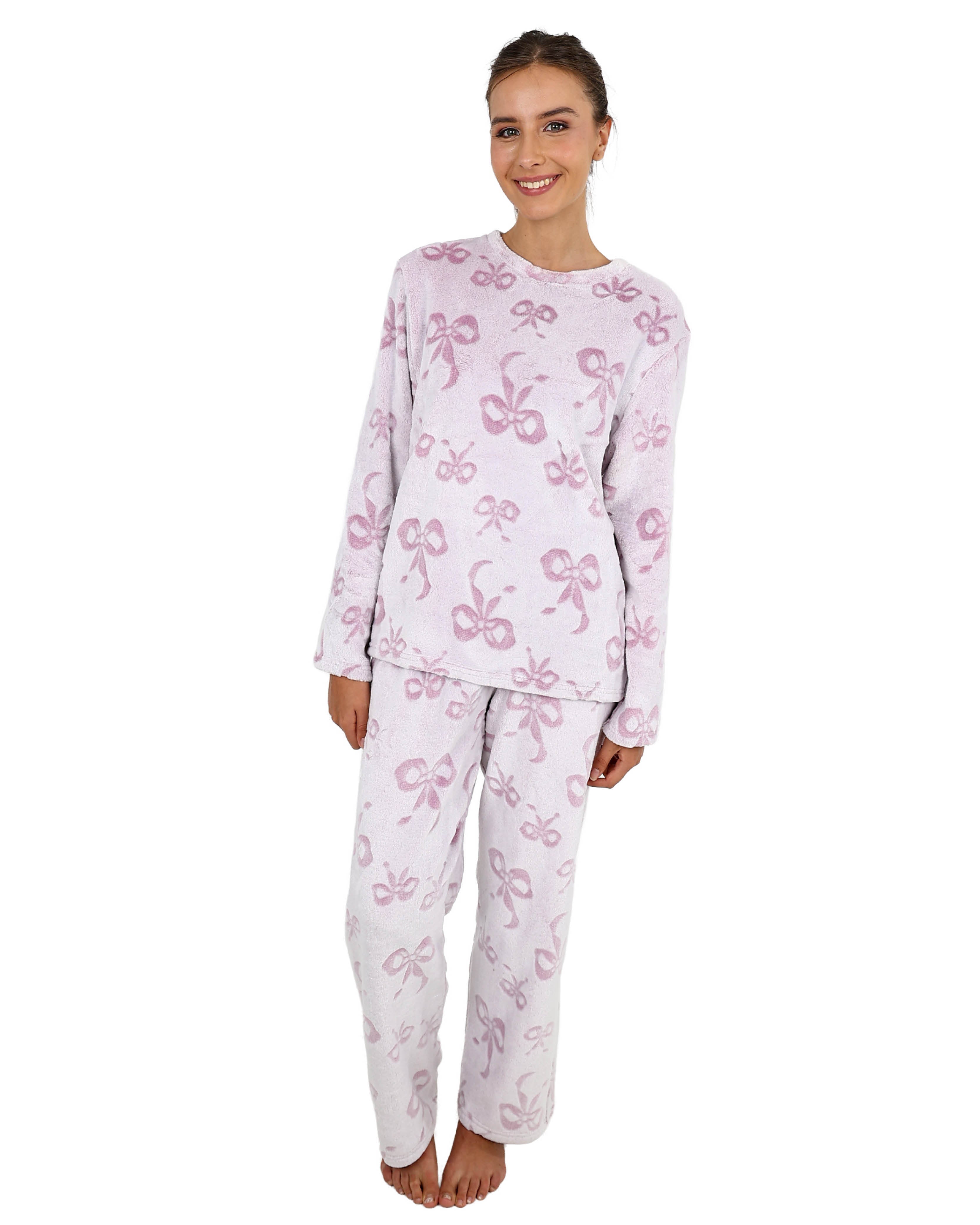 Long Sleeve Embossed Bow Fleece Pyjama Pant Set