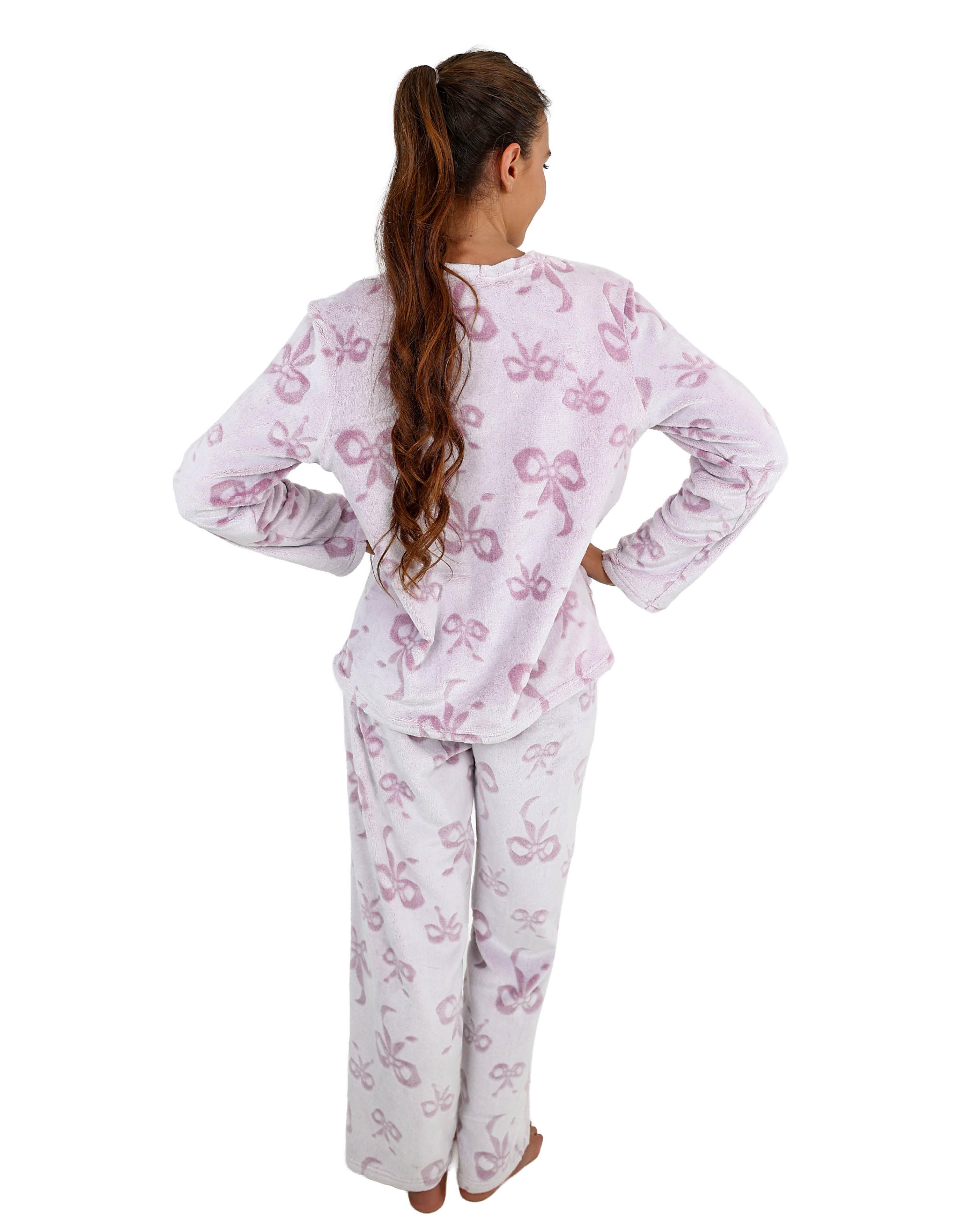 Long Sleeve Embossed Bow Fleece Pyjama Pant Set