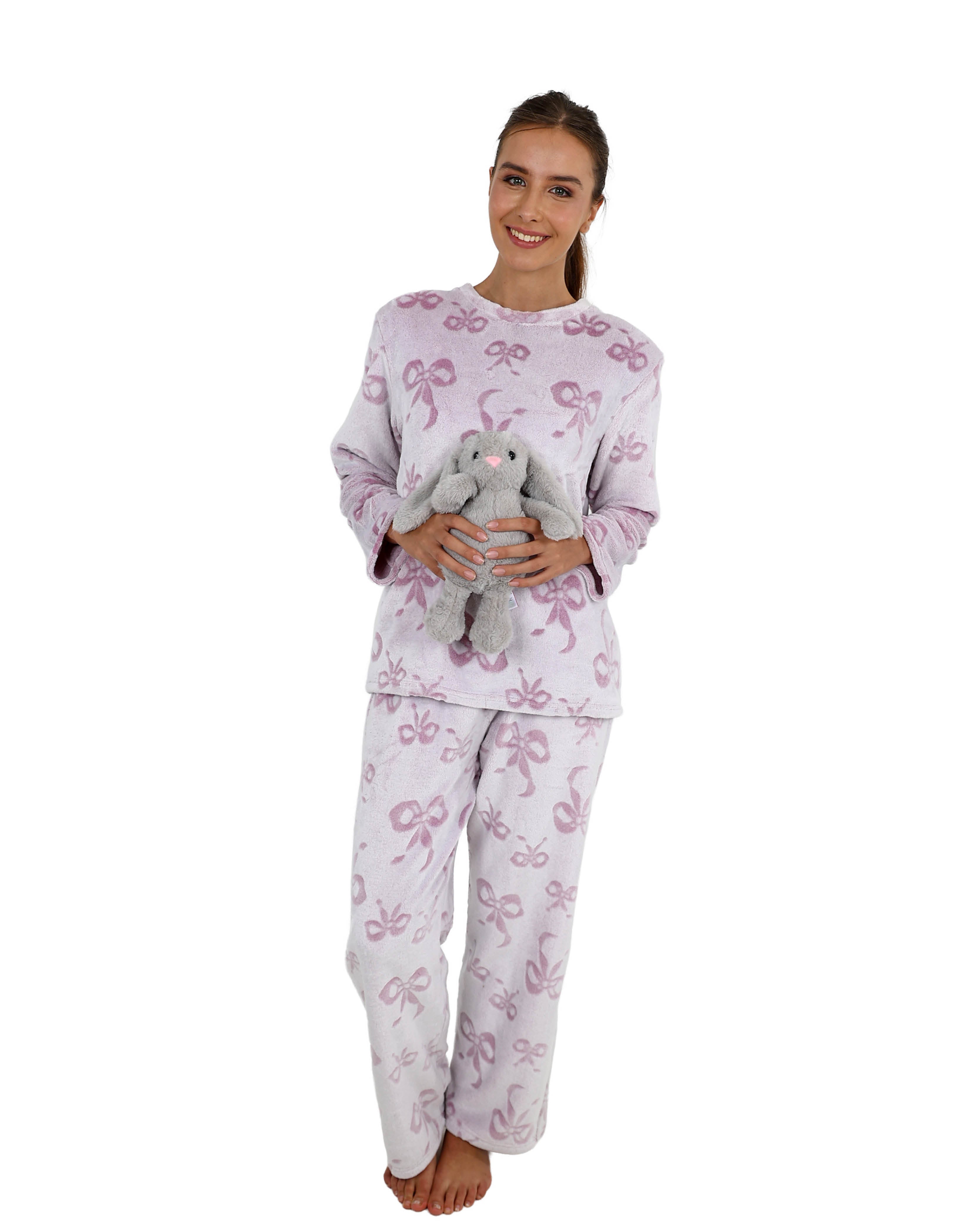 Long Sleeve Embossed Bow Fleece Pyjama Pant Set