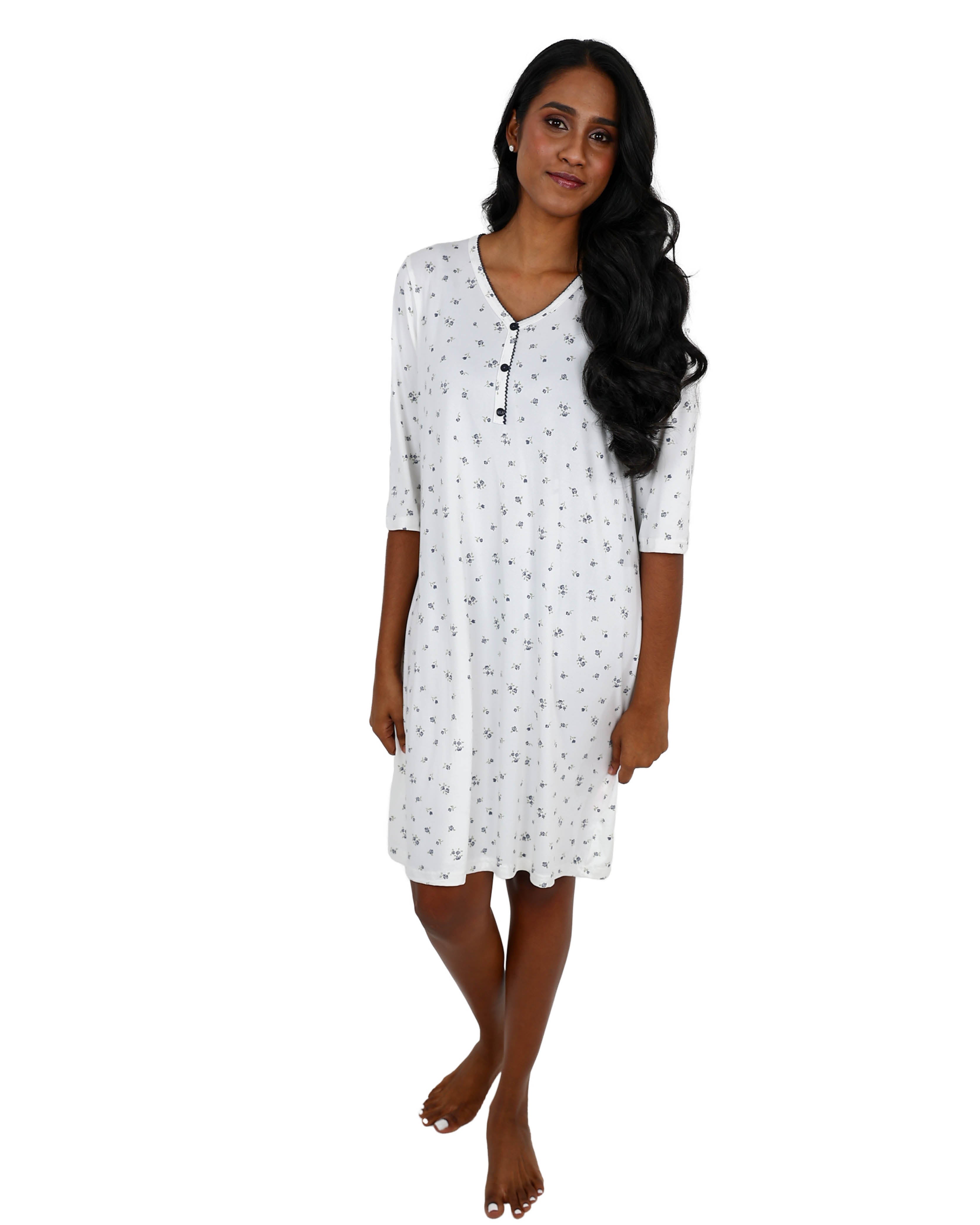 3/4 Sleeve Grey Floral Henley Sleepshirt