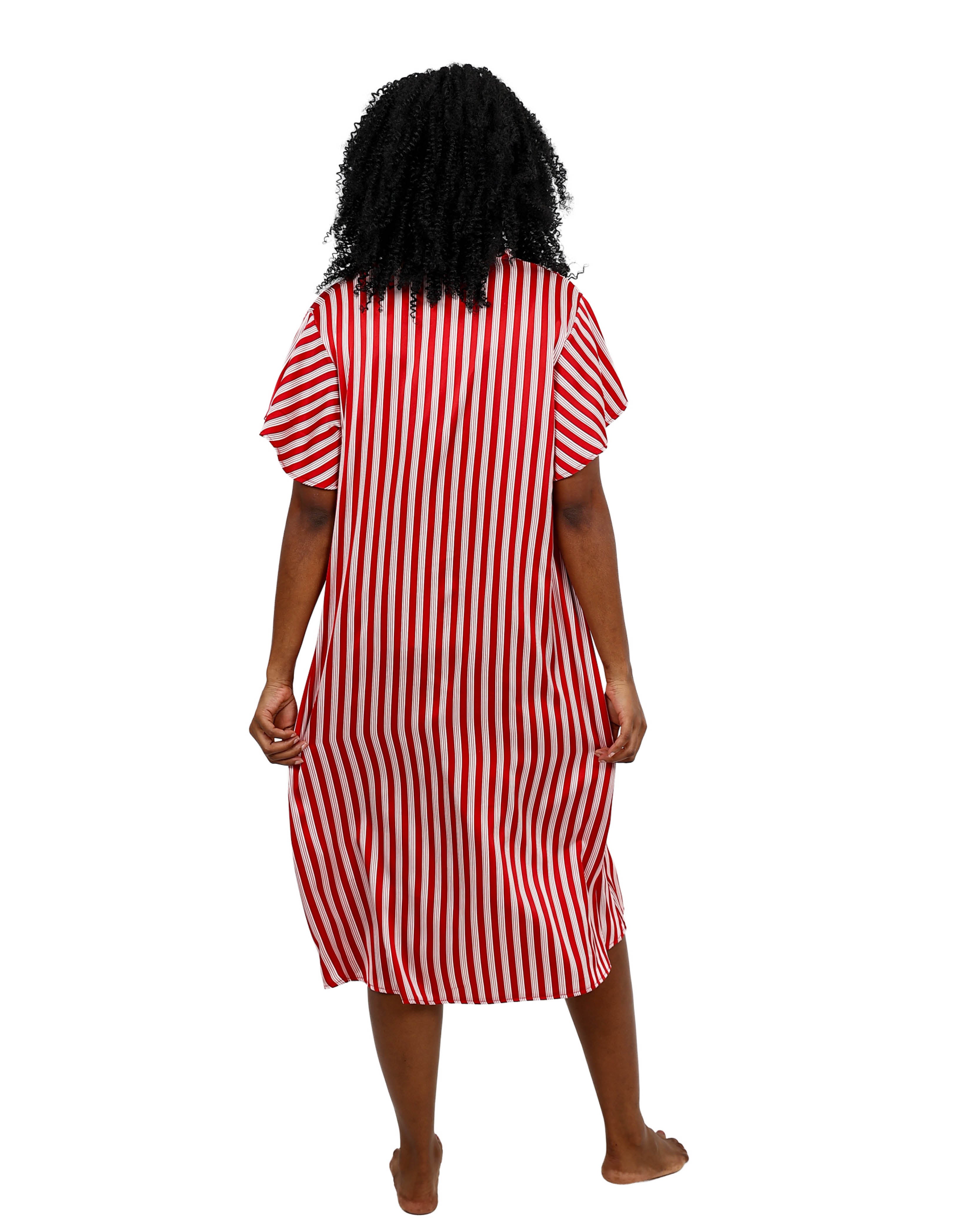 Short Sleeve Red & White Kaftan Style Satin Sleepshirt