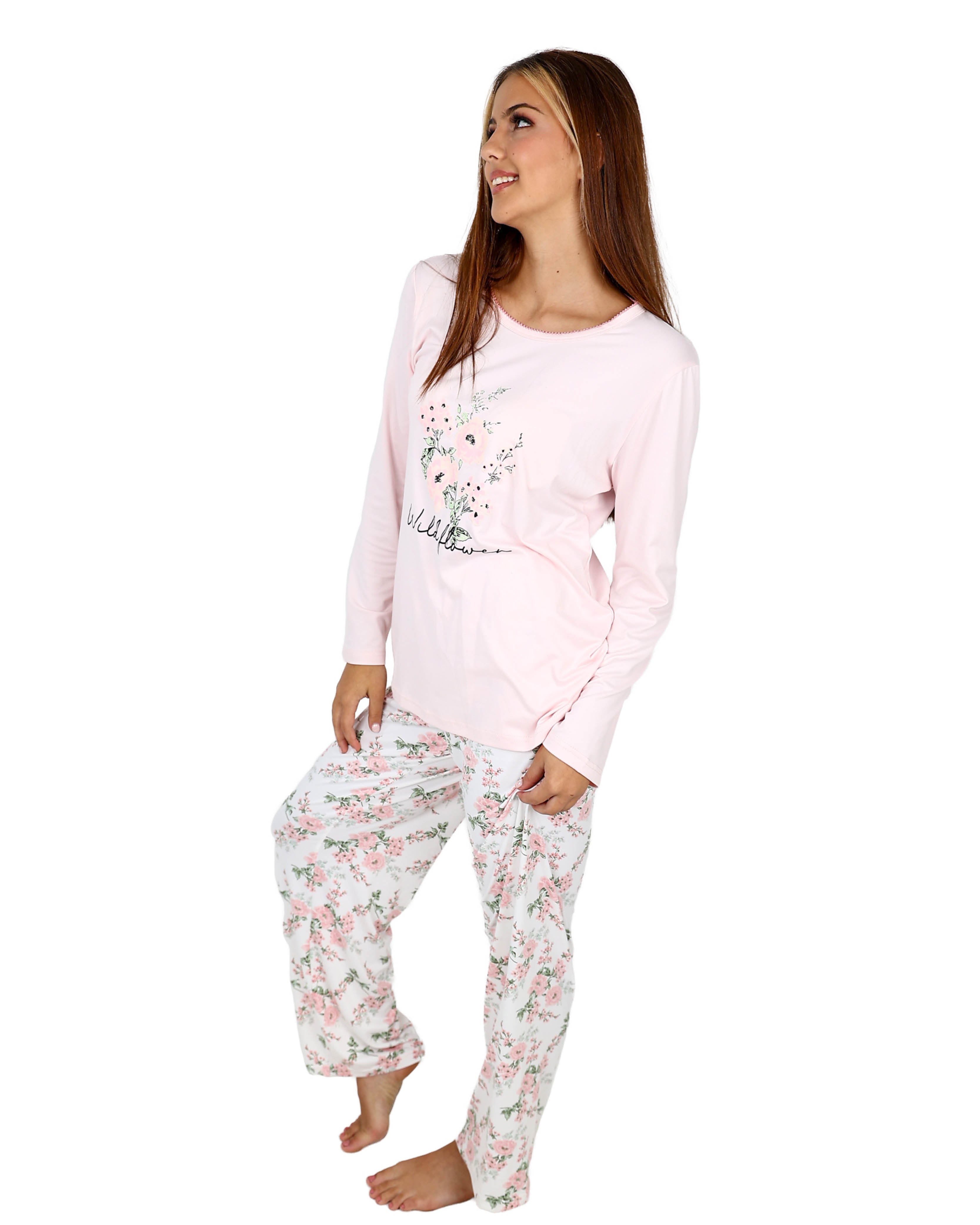 Longs Sleeve Peach Wild Flower Pajama Pants Set