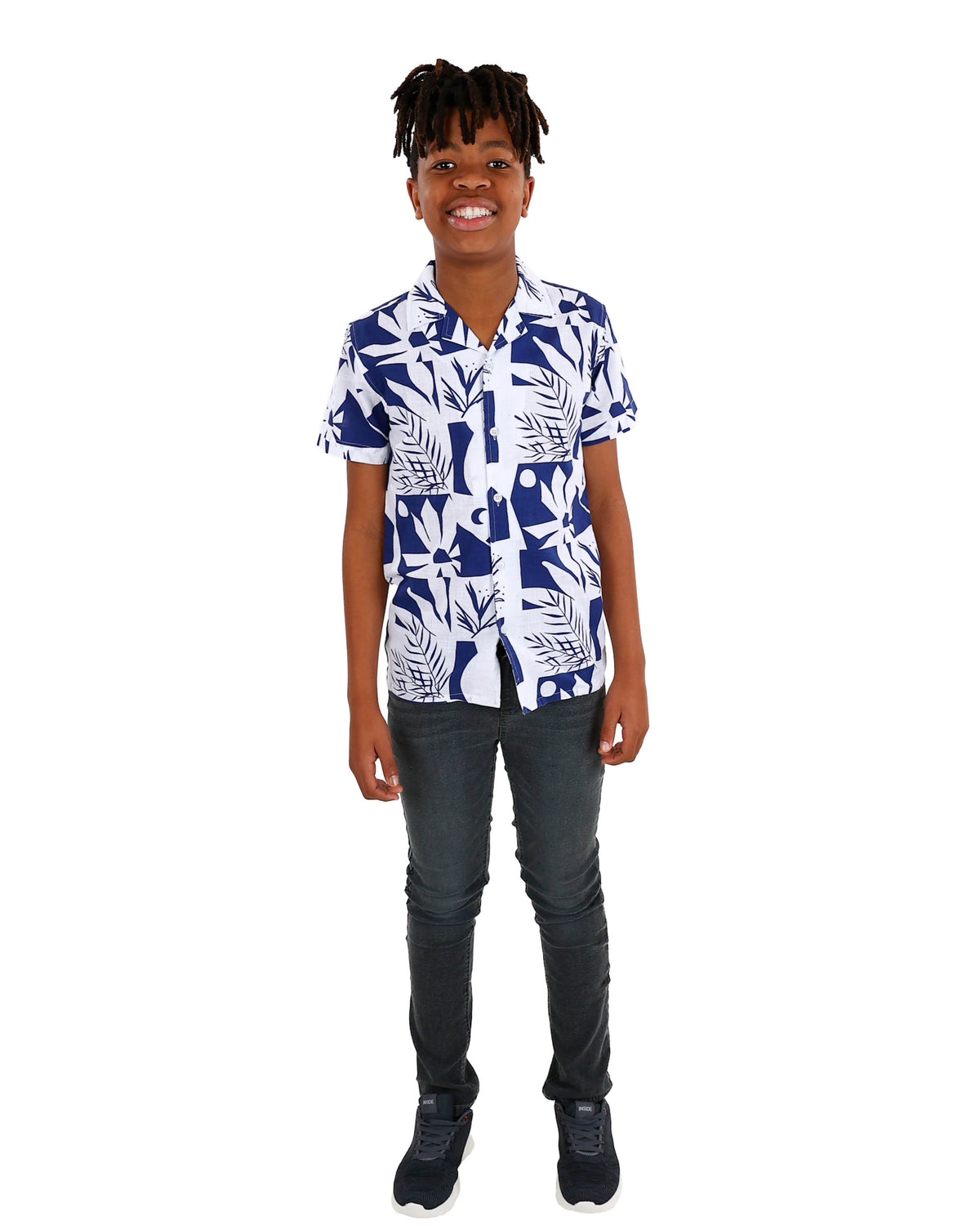 Short Sleeve Blue Abstract Floral Print Shirt