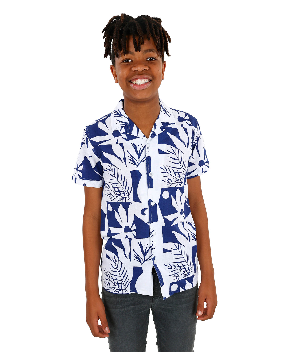 Short Sleeve Blue Abstract Floral Print Shirt