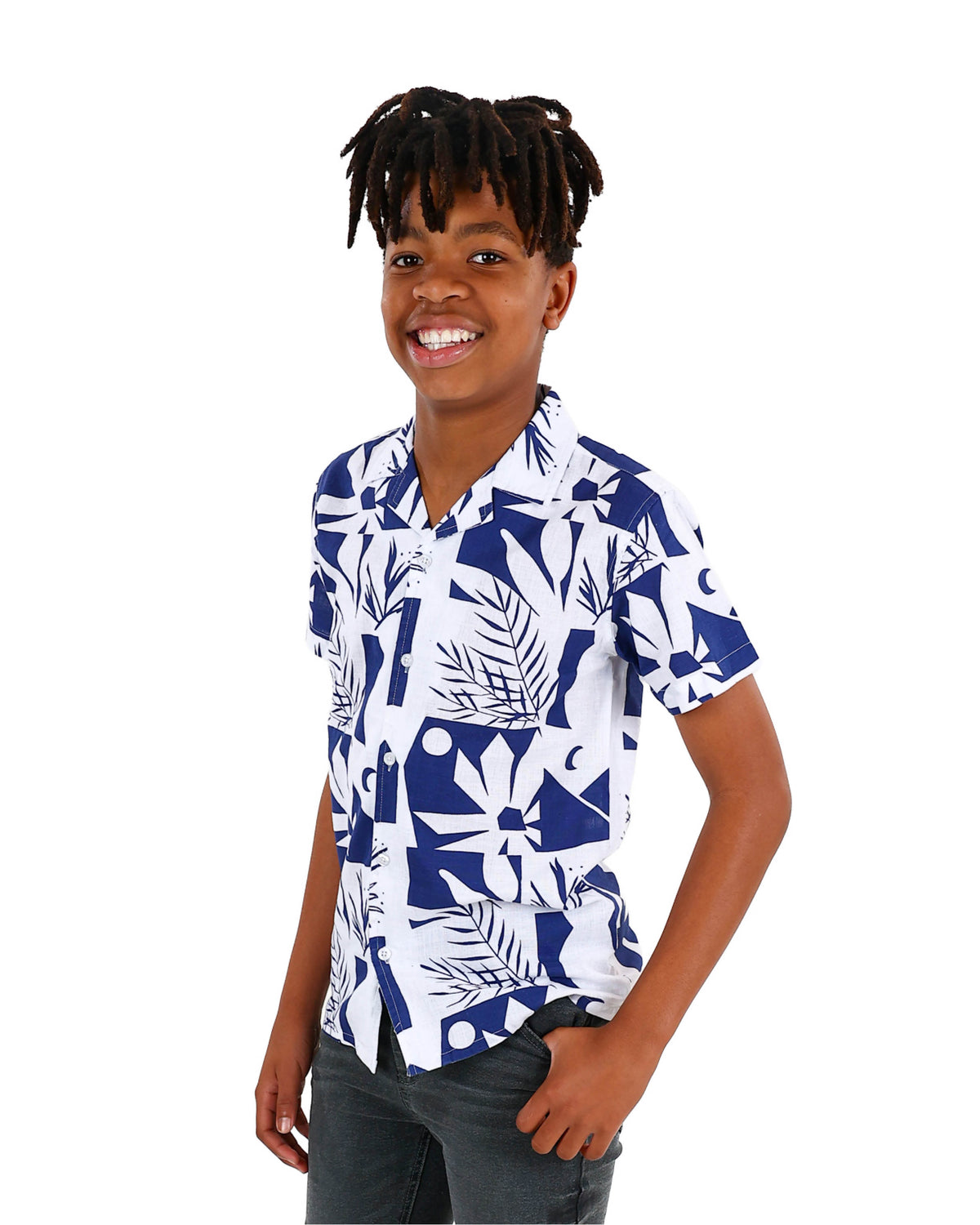 Short Sleeve Blue Abstract Floral Print Shirt