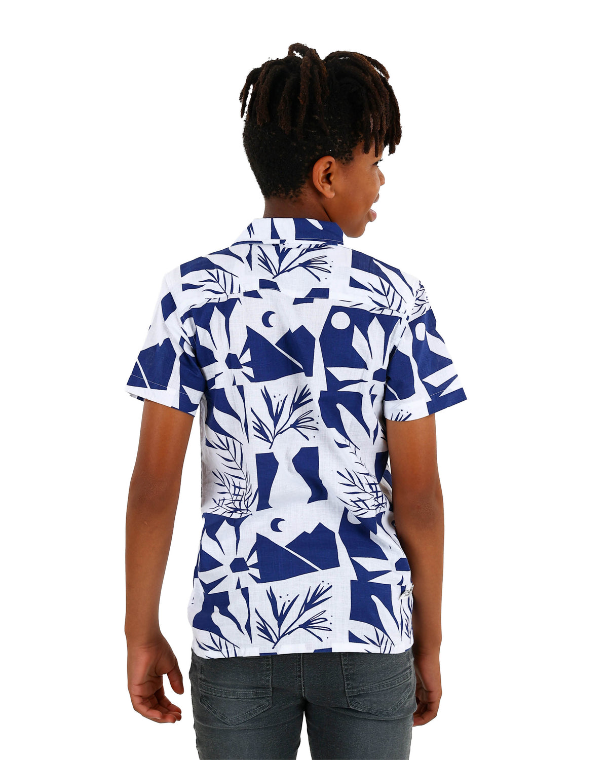 Short Sleeve Blue Abstract Floral Print Shirt