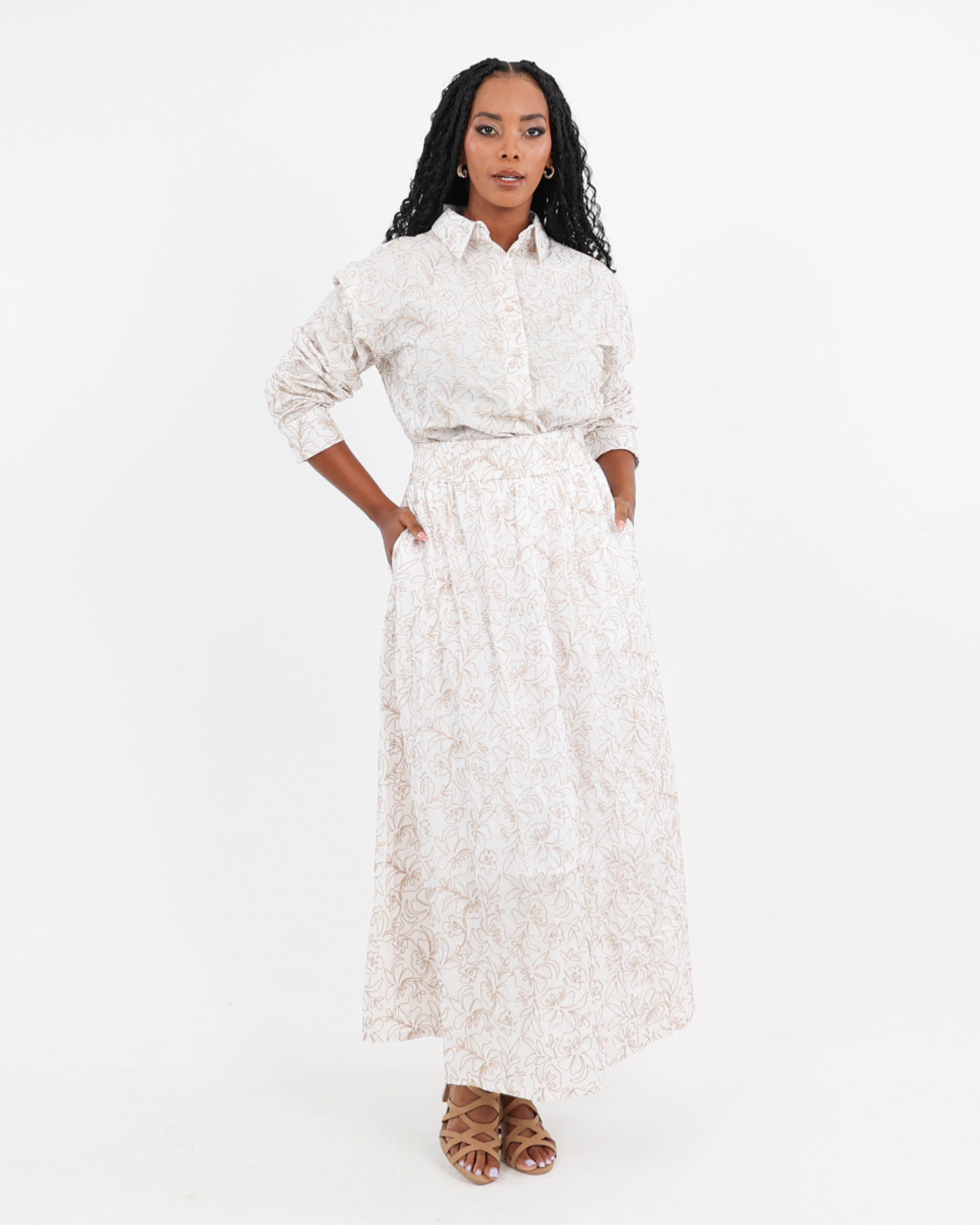 Stone Azure Bloom Fully Embroidered Flared Skirt in Pure Cotton