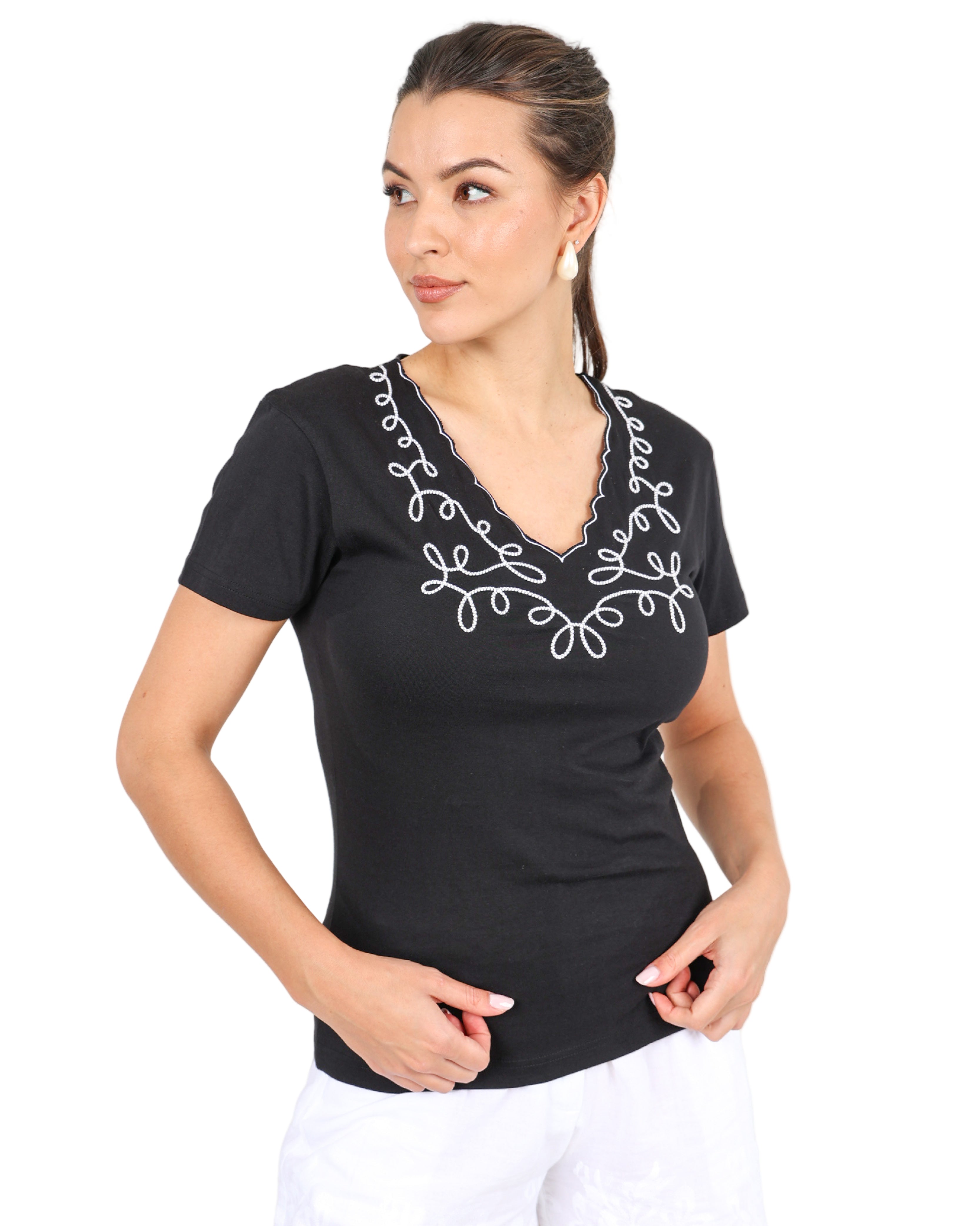 Black Short Sleeve Petal Embroidered Top