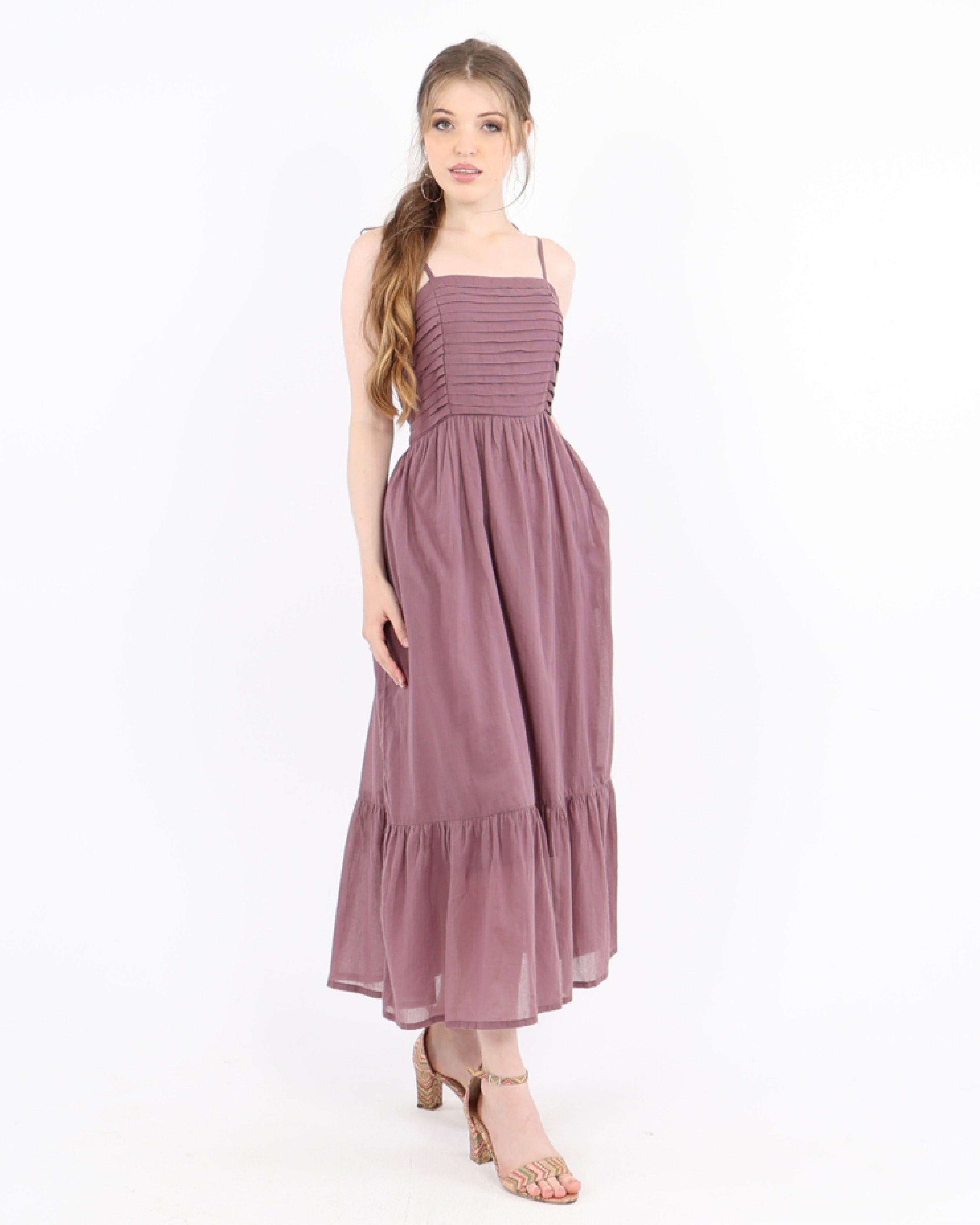 Strappy Mauve Reverie Pleated Bodice Cotton Maxi Dress