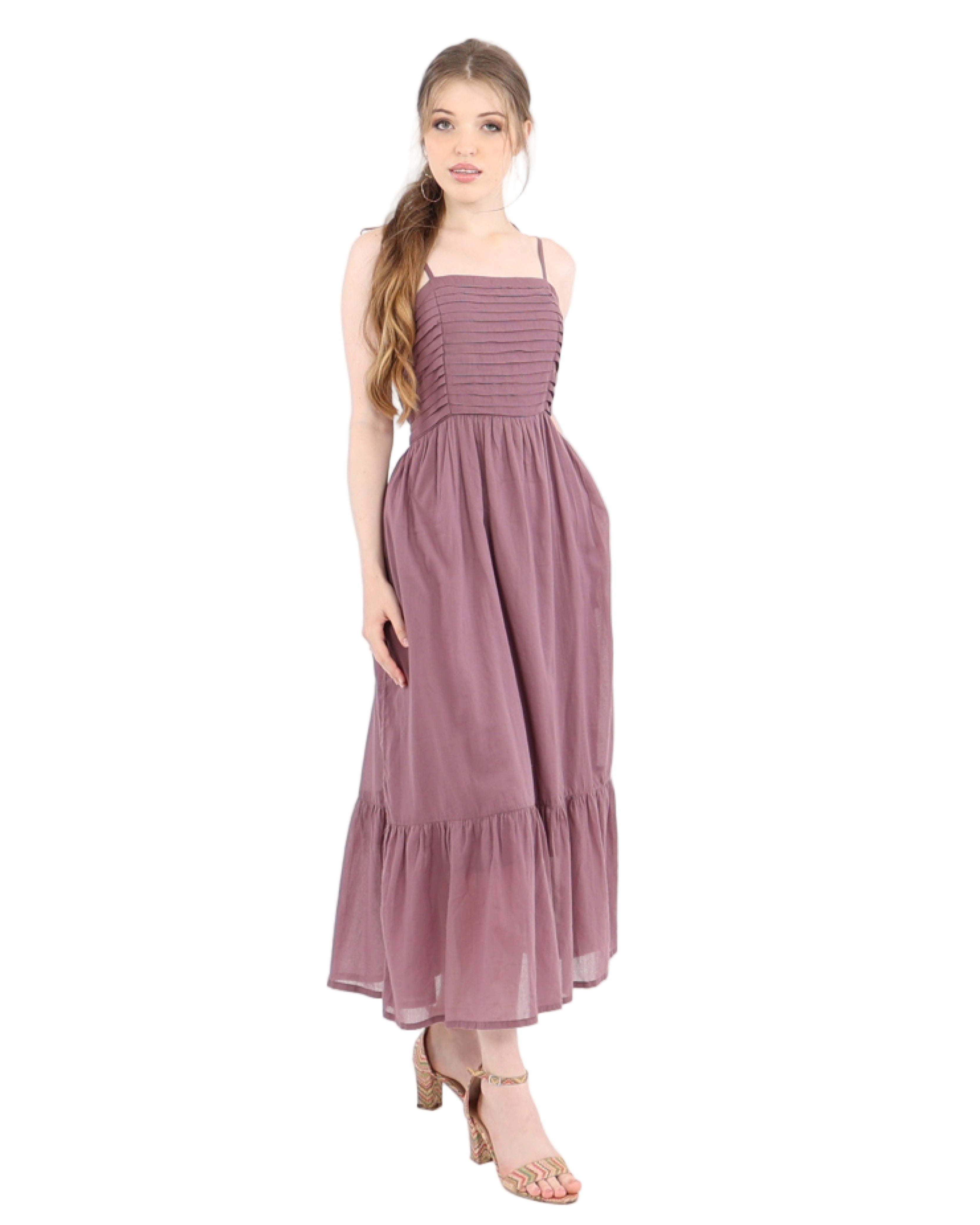 Strappy Mauve Reverie Pleated Bodice Cotton Maxi Dress