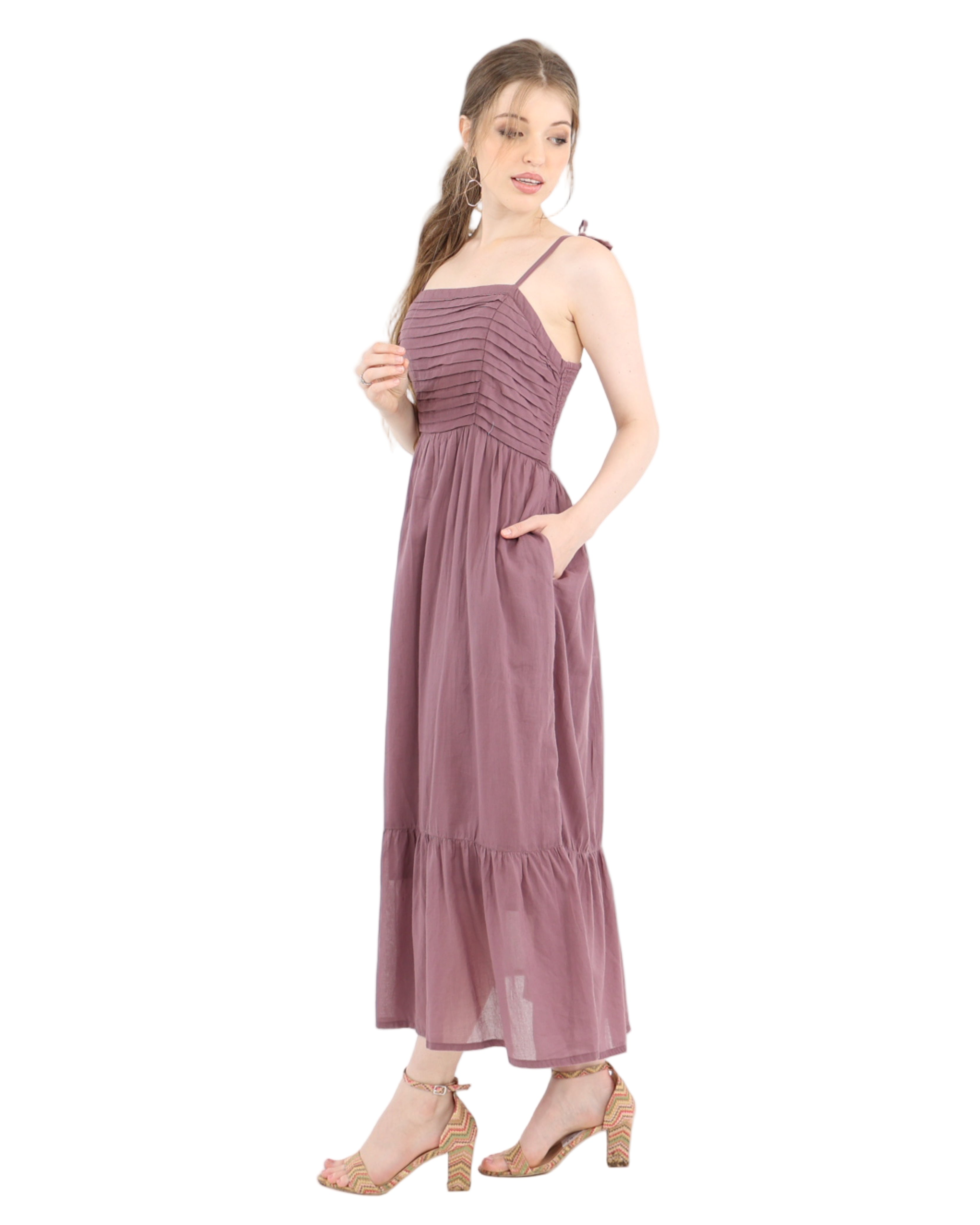 Strappy Mauve Reverie Pleated Bodice Cotton Maxi Dress