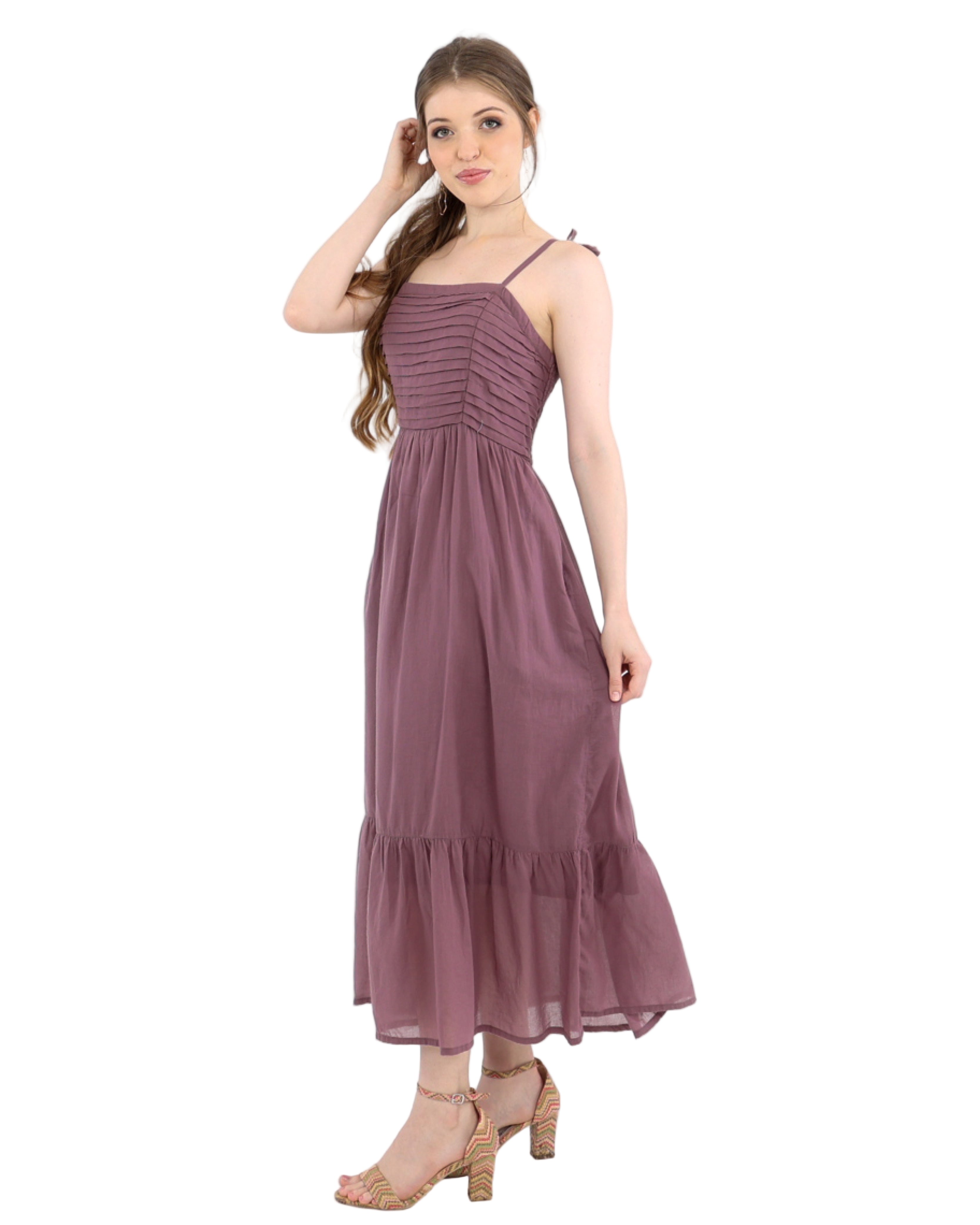 Strappy Mauve Reverie Pleated Bodice Cotton Maxi Dress