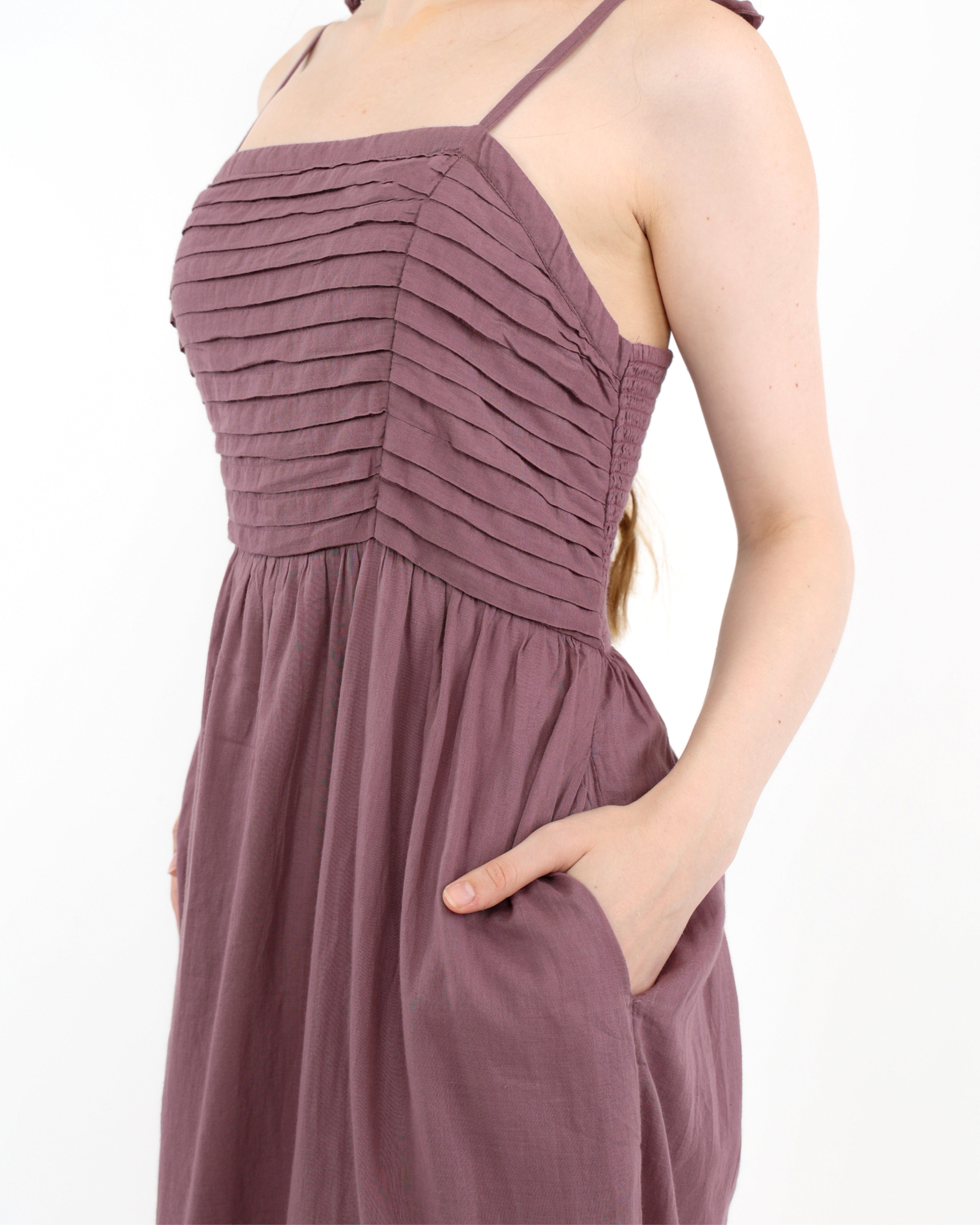 Strappy Mauve Reverie Pleated Bodice Cotton Maxi Dress