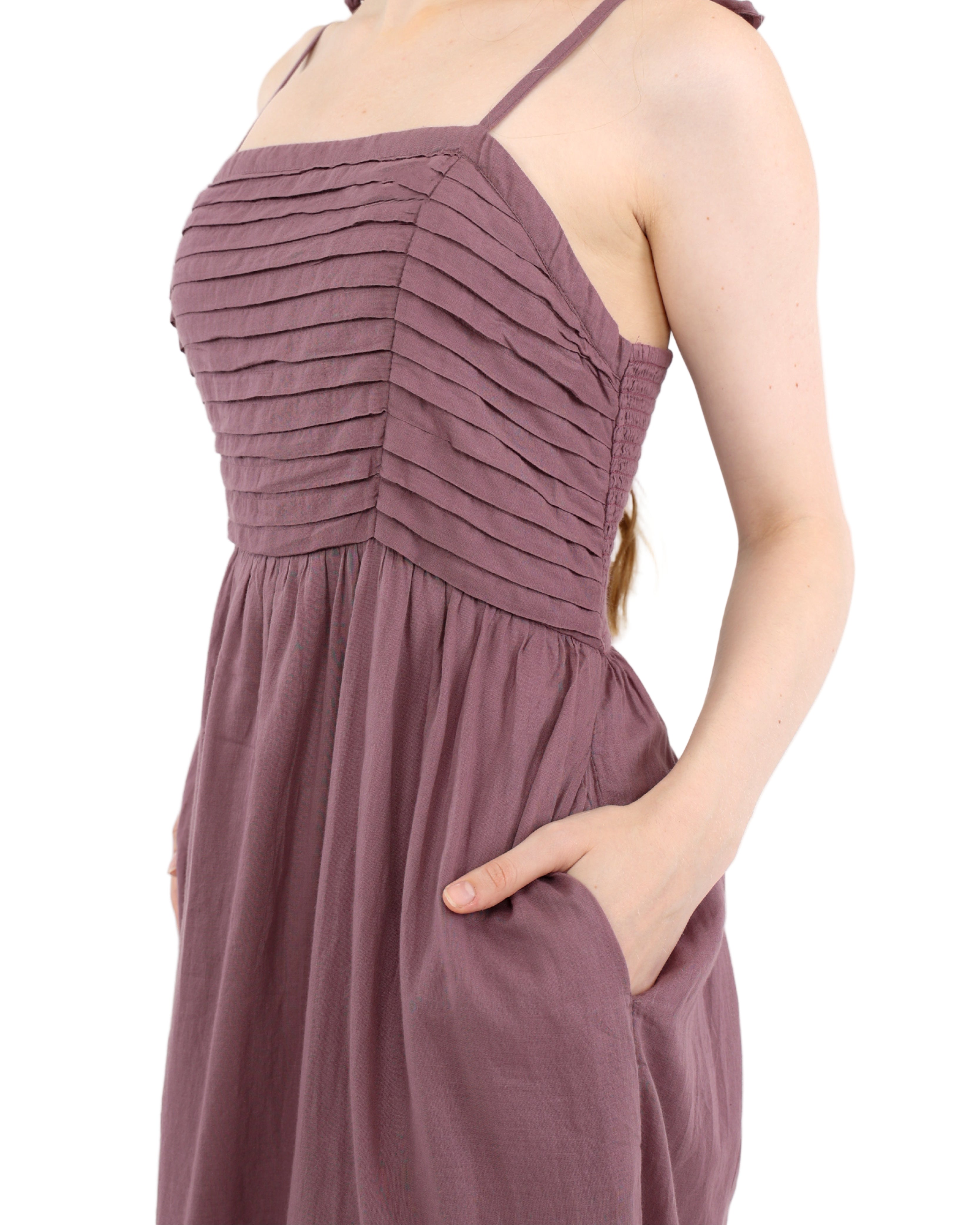 Strappy Mauve Reverie Pleated Bodice Cotton Maxi Dress