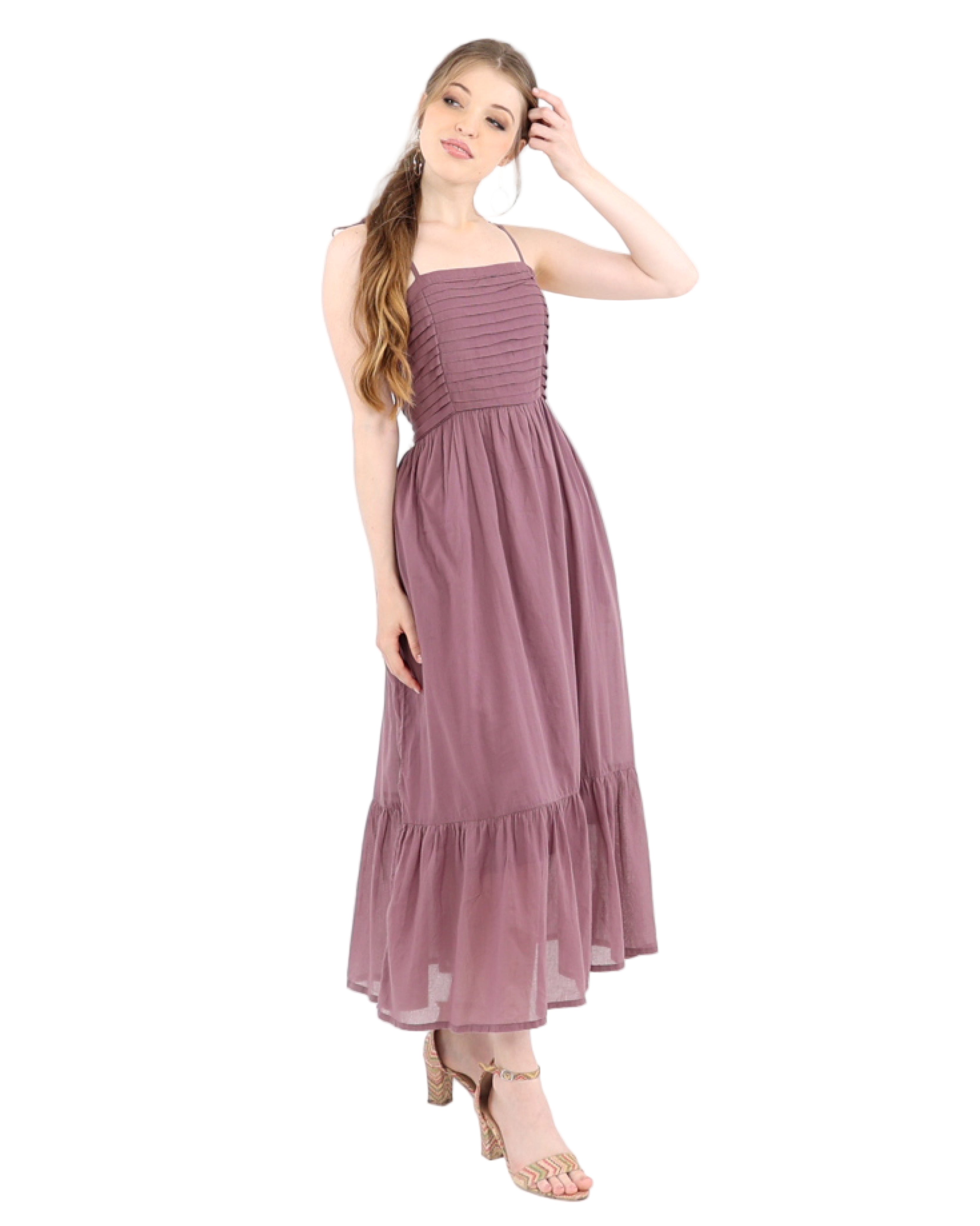 Strappy Mauve Reverie Pleated Bodice Cotton Maxi Dress