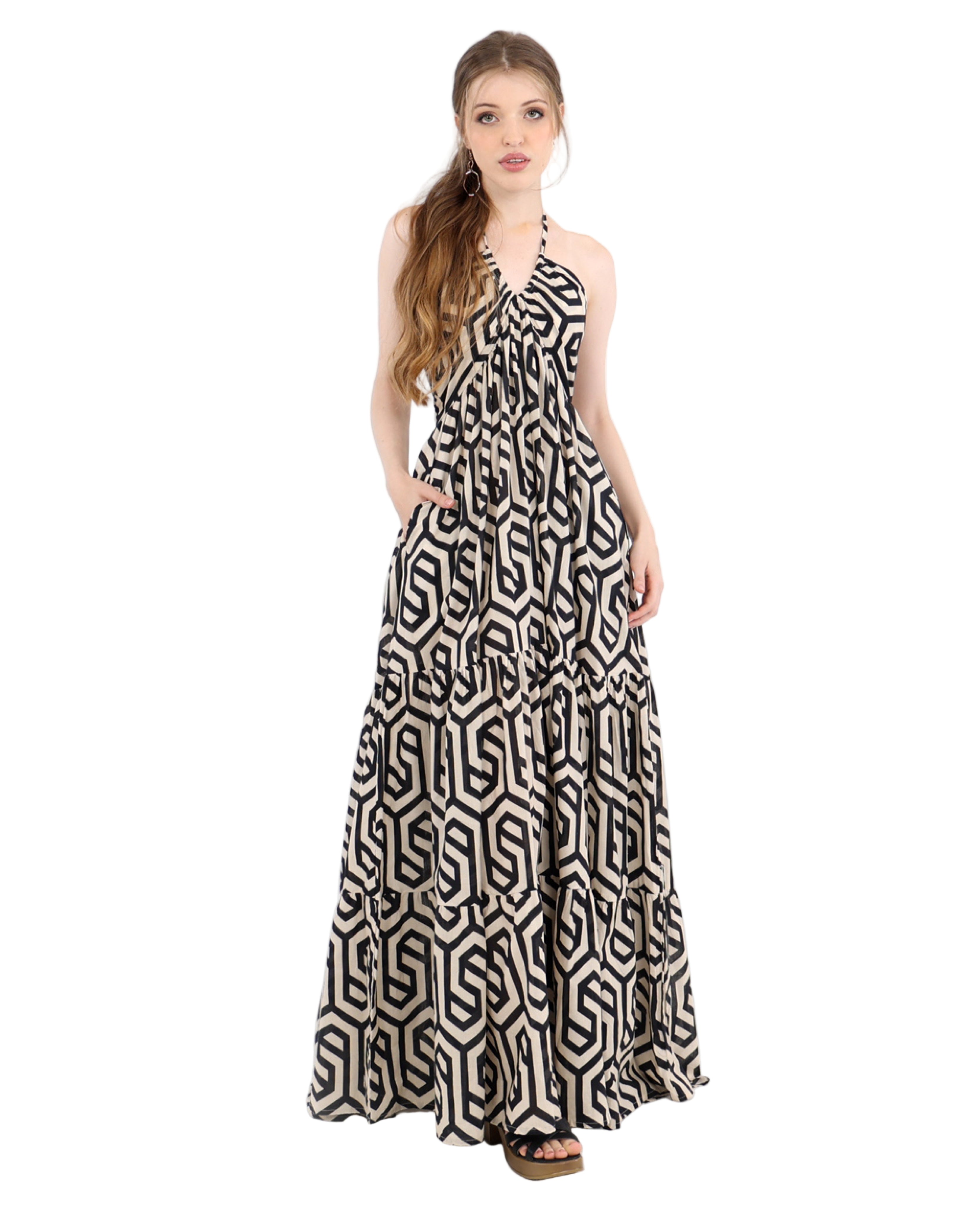Elena Cotton Geometric Tiered Maxi Dress