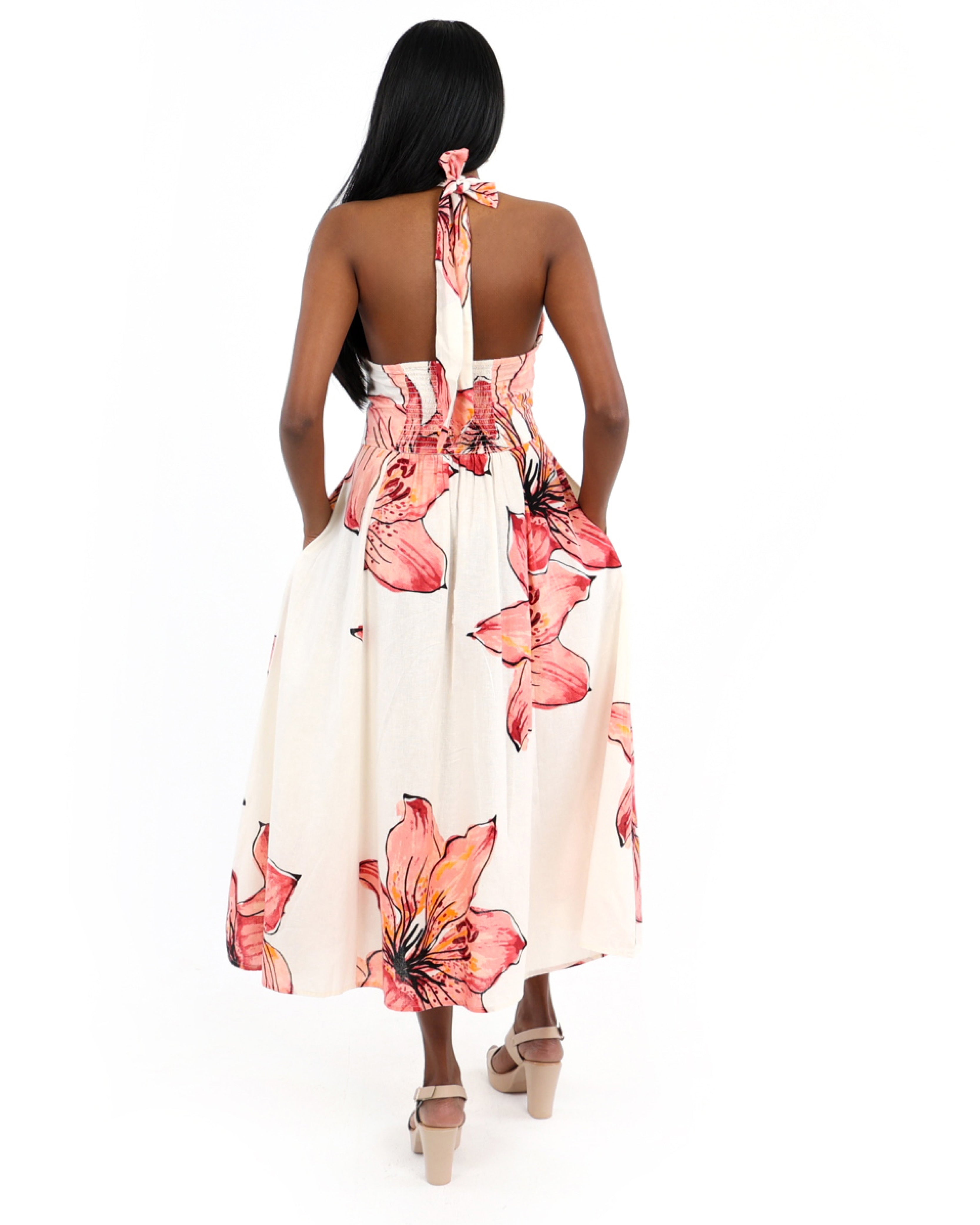 Amira Floral Cotton Halterneck Midi Dress