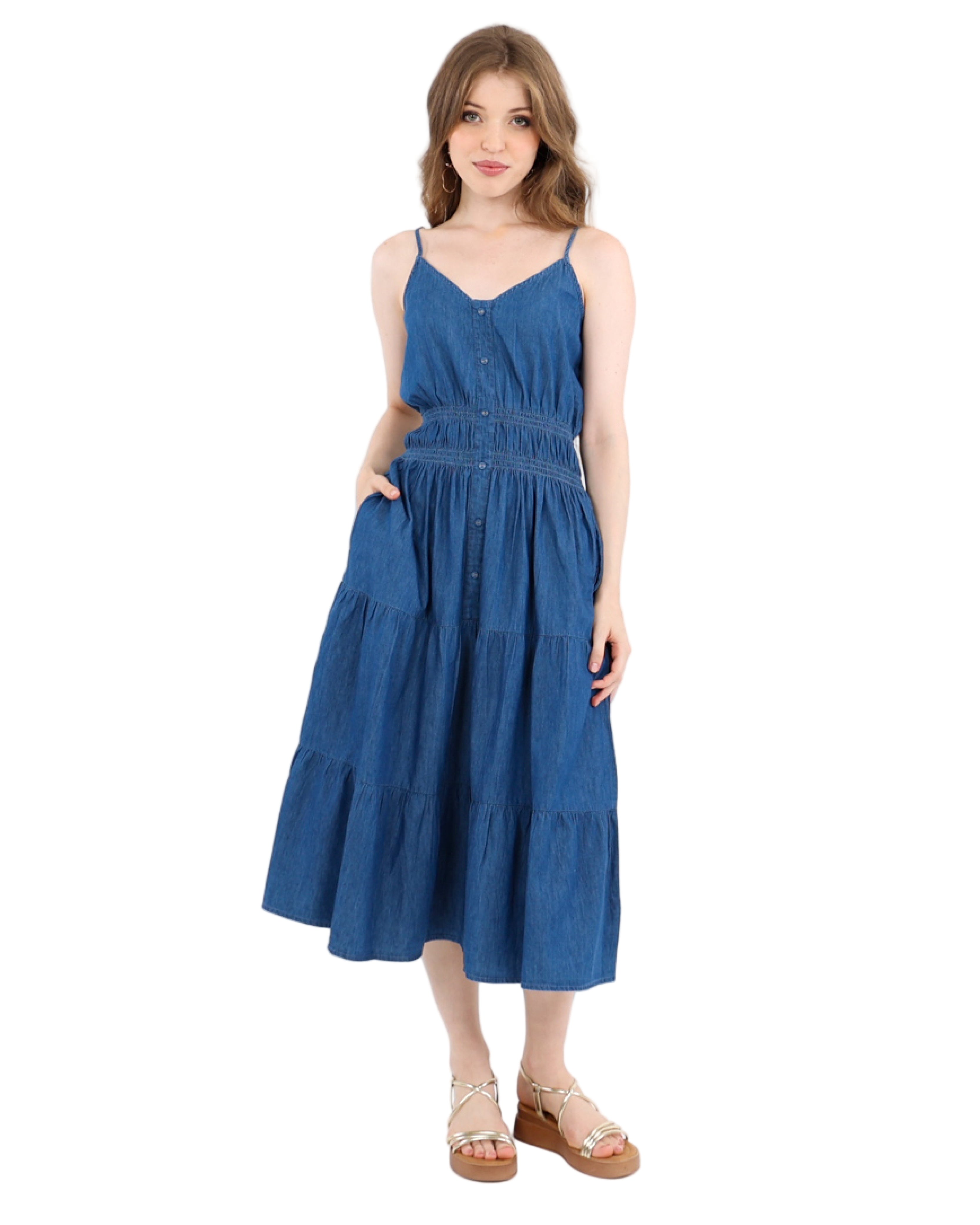 Strappy Ruched Waist Dusklight Tiered Cotton Midi Denim Dress
