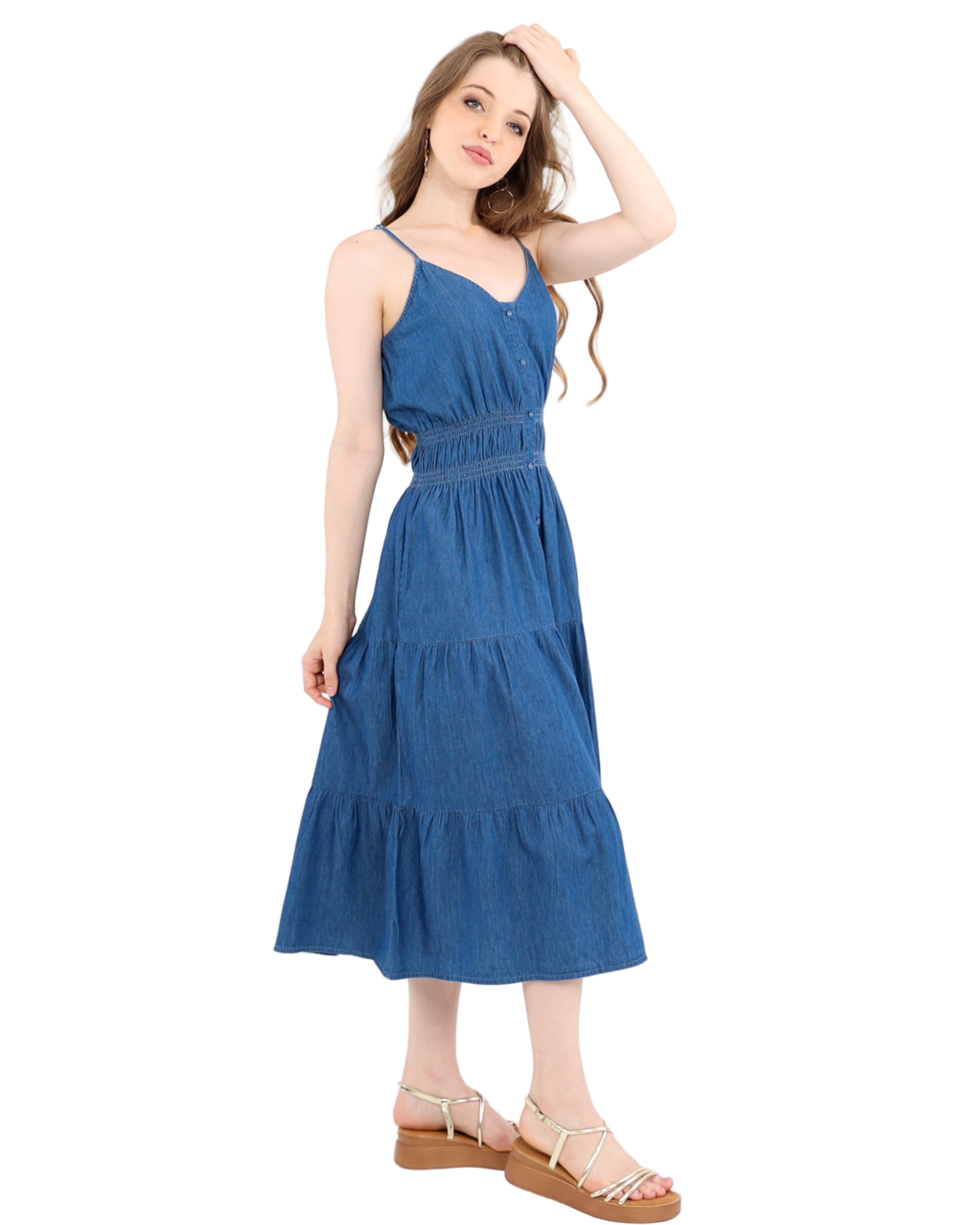 Strappy Ruched Waist Dusklight Tiered Cotton Midi Denim Dress