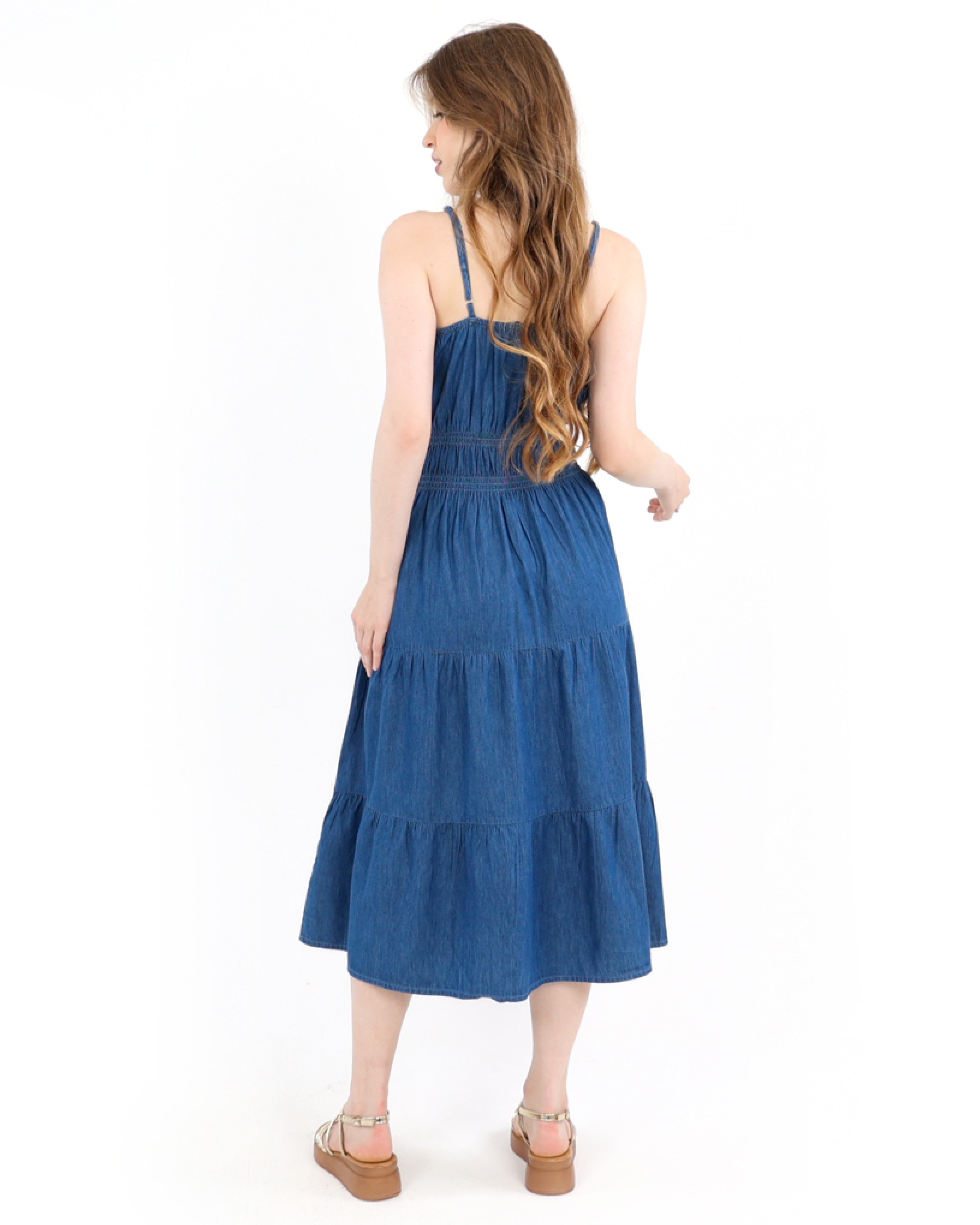 Strappy Ruched Waist Dusklight Tiered Cotton Midi Denim Dress