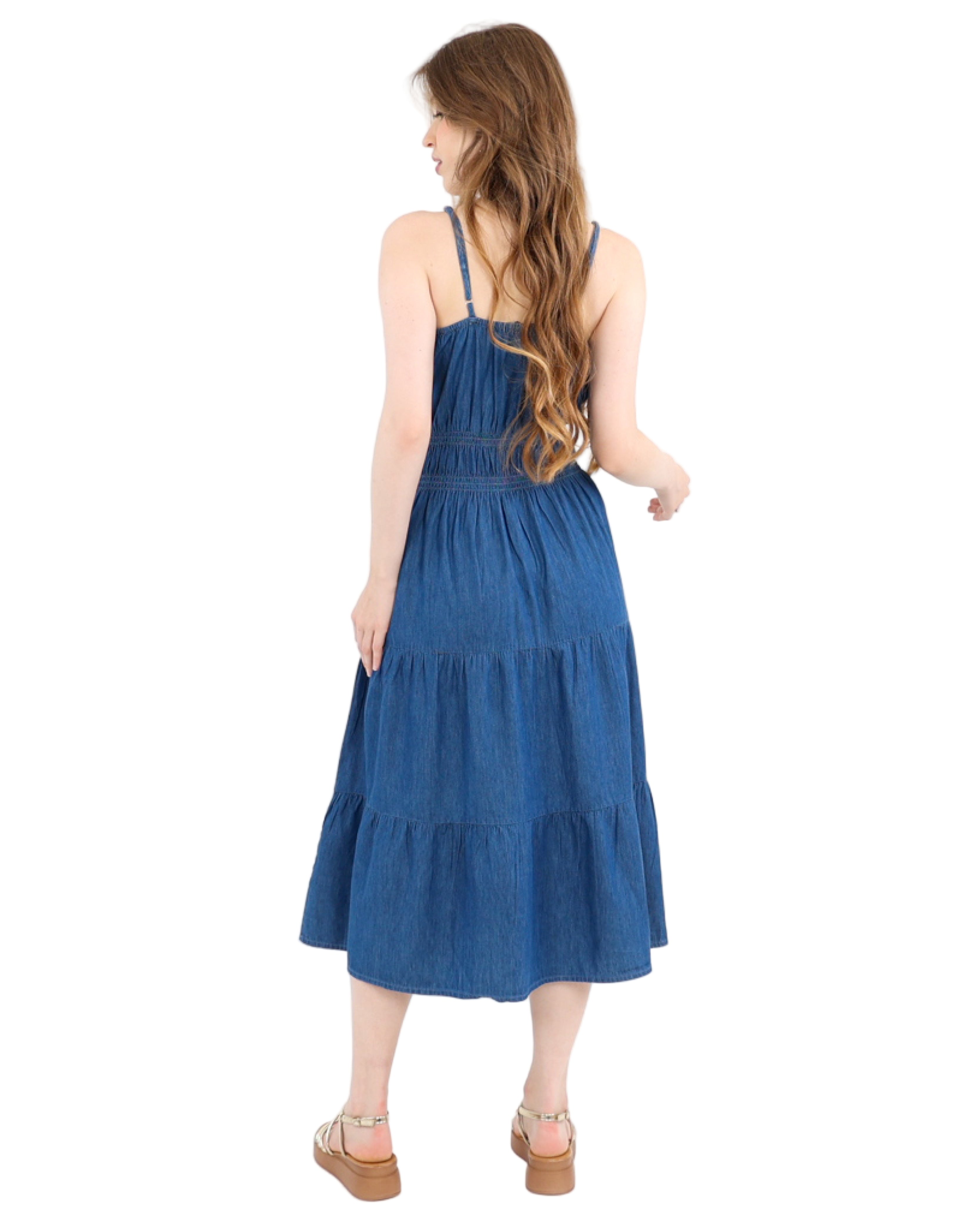 Strappy Ruched Waist Dusklight Tiered Cotton Midi Denim Dress