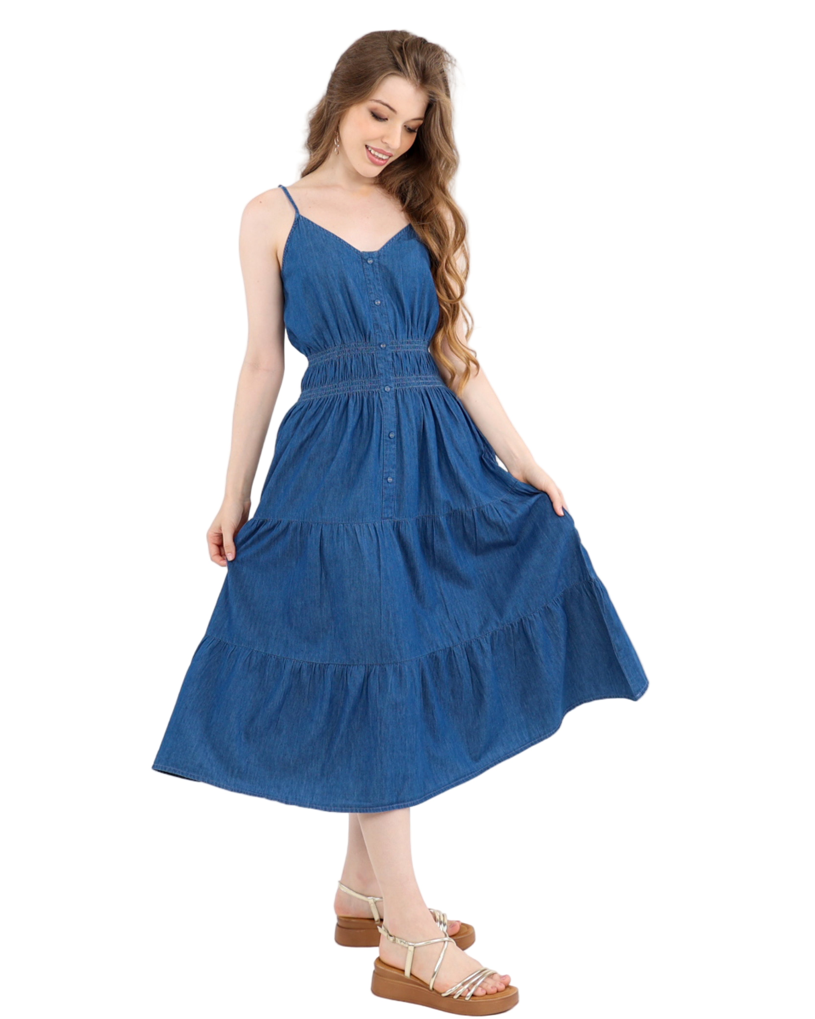 Strappy Ruched Waist Dusklight Tiered Cotton Midi Denim Dress
