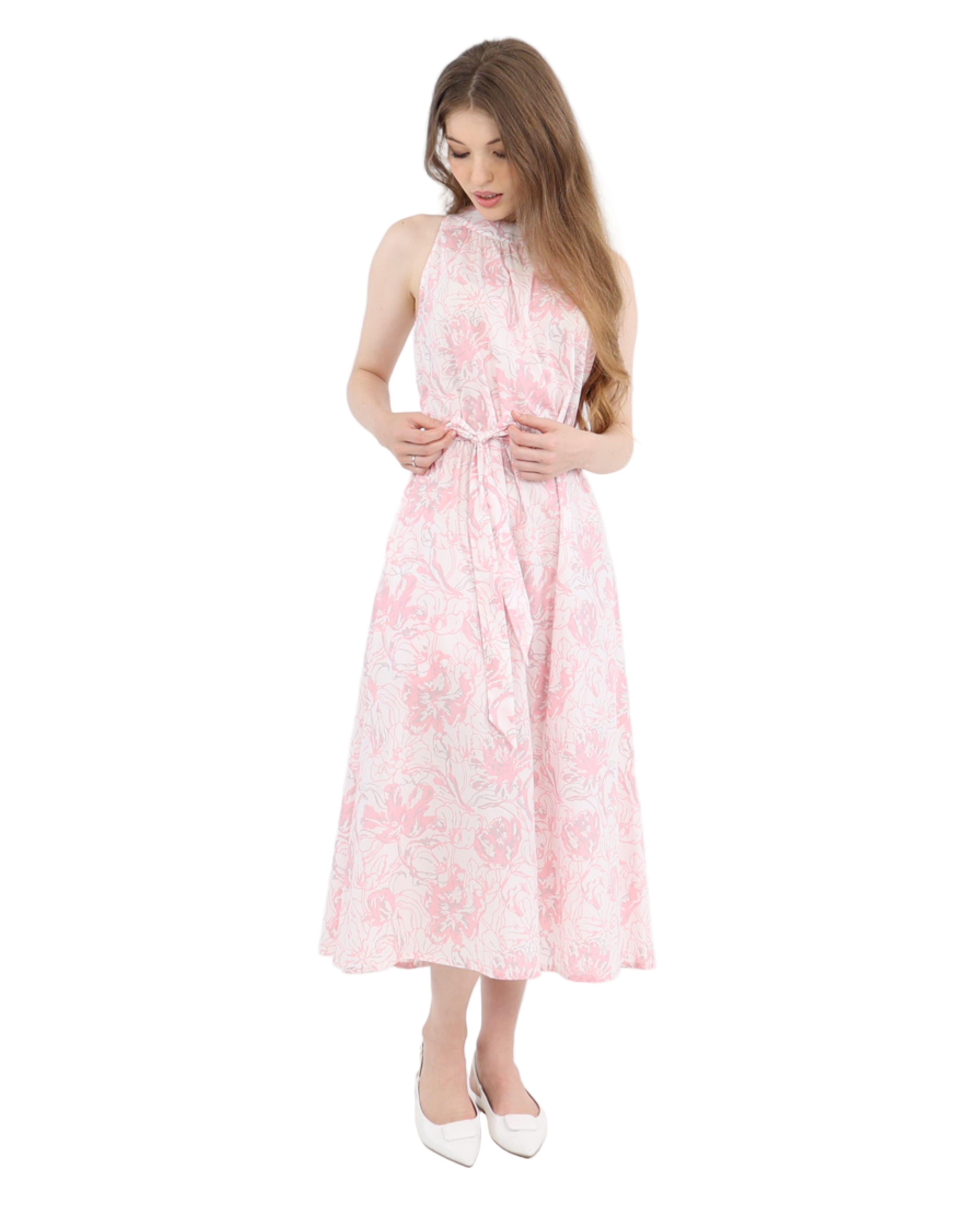 Halter Neck Blush Bloom Midi Cotton Dress
