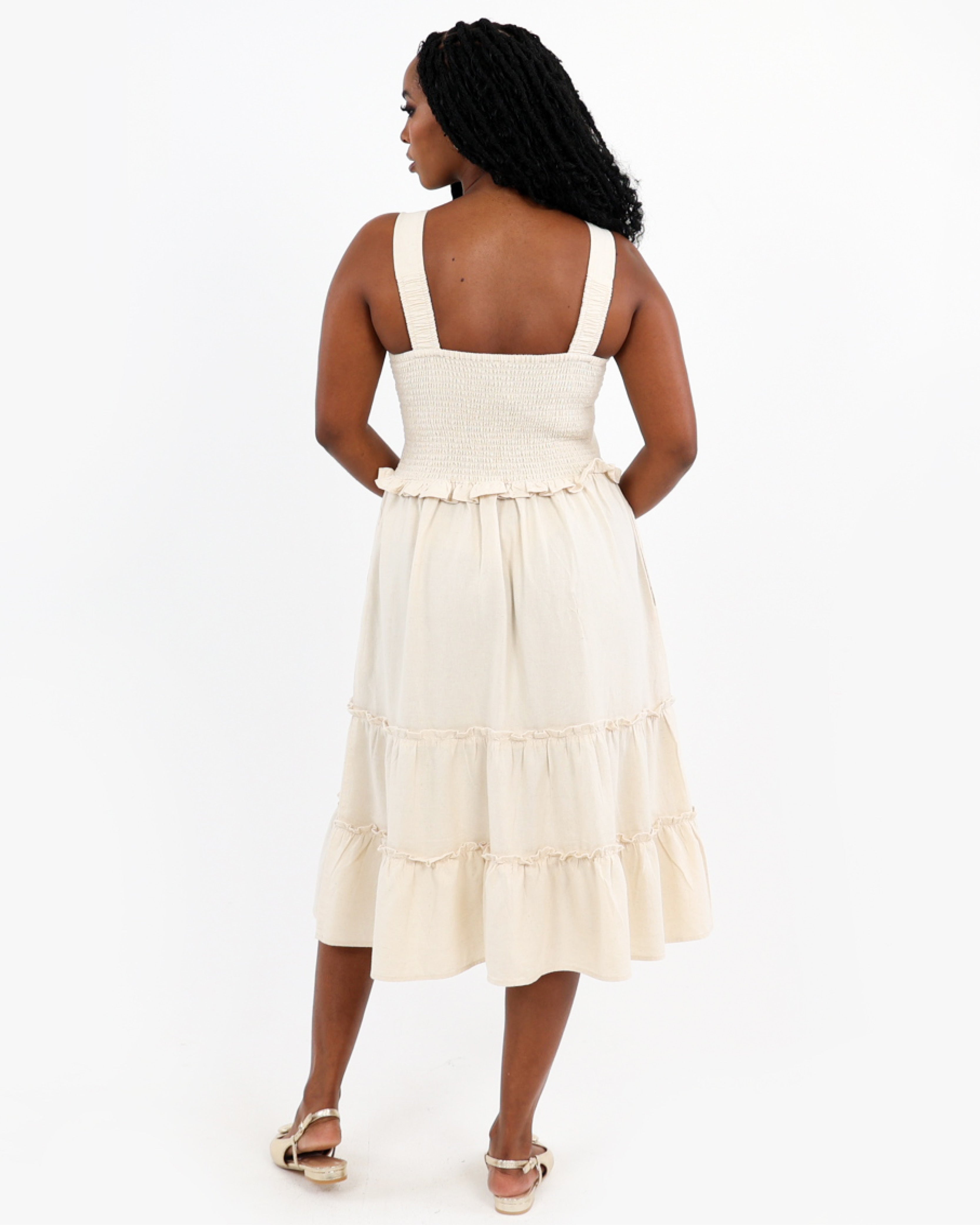 Strappy Cotton Linen Lily Tiered Midi Dress