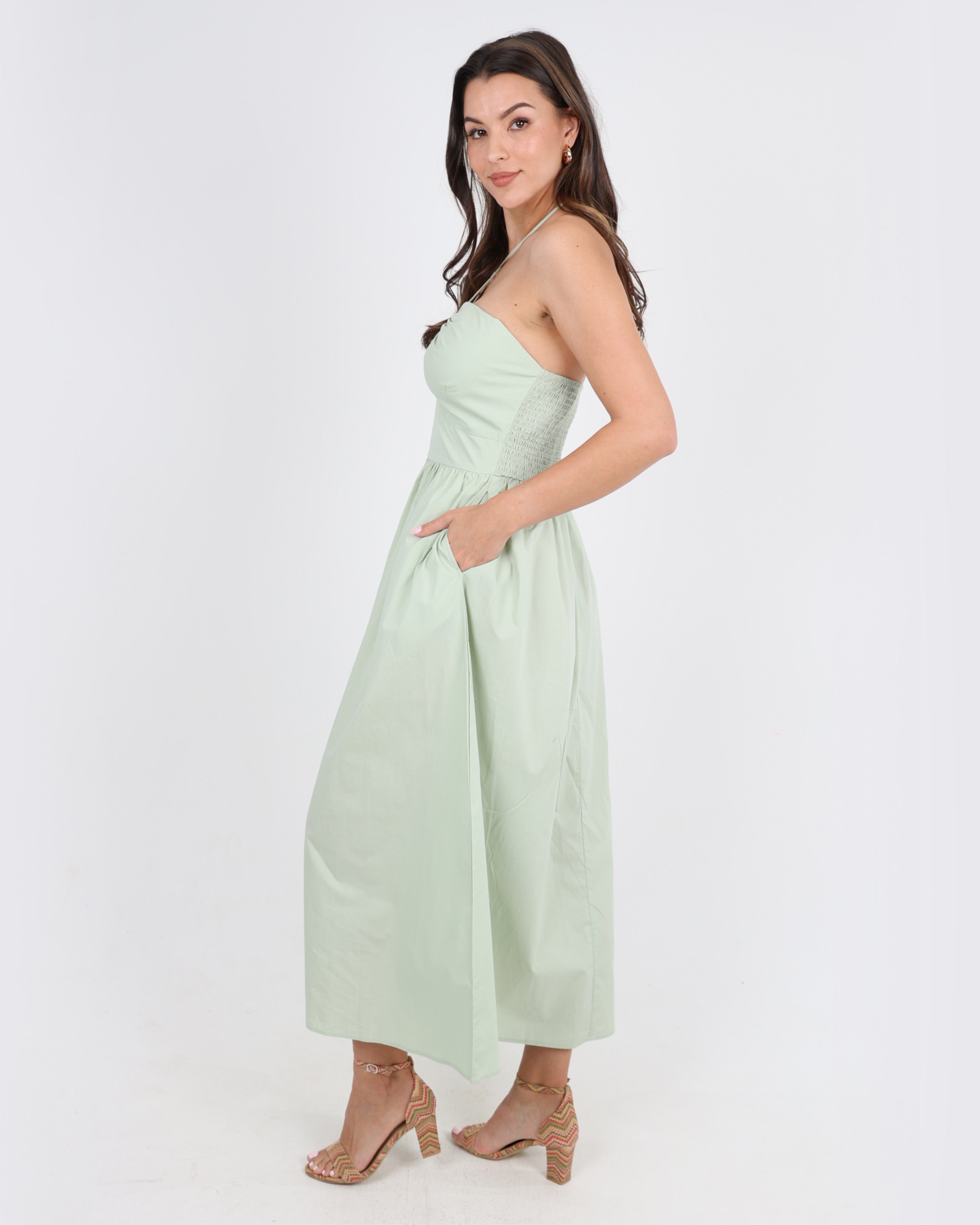 Livia Cotton Criss-Cross Maxi Dress in Sage