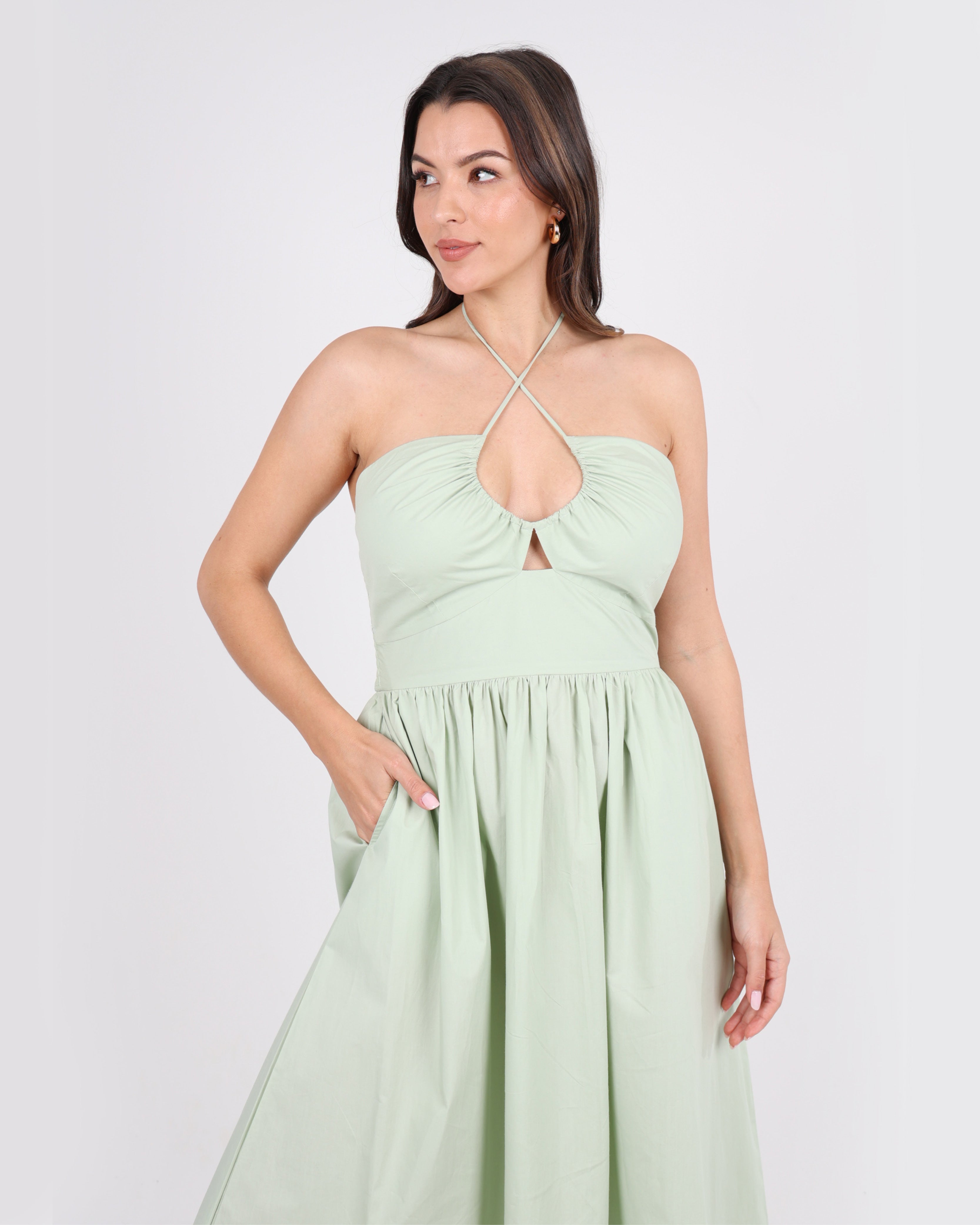 Livia Cotton Criss-Cross Maxi Dress in Sage