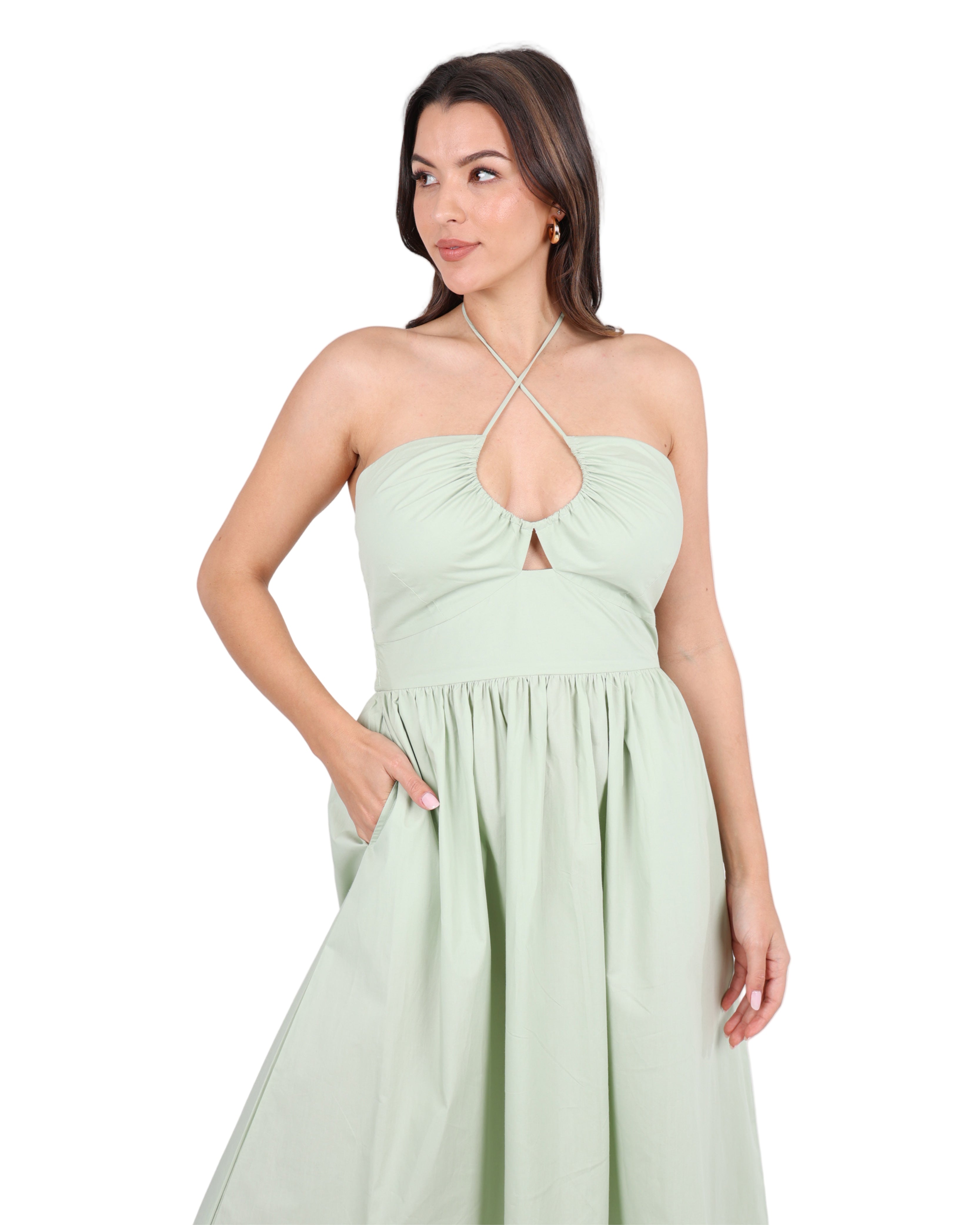 Livia Cotton Criss-Cross Maxi Dress in Sage