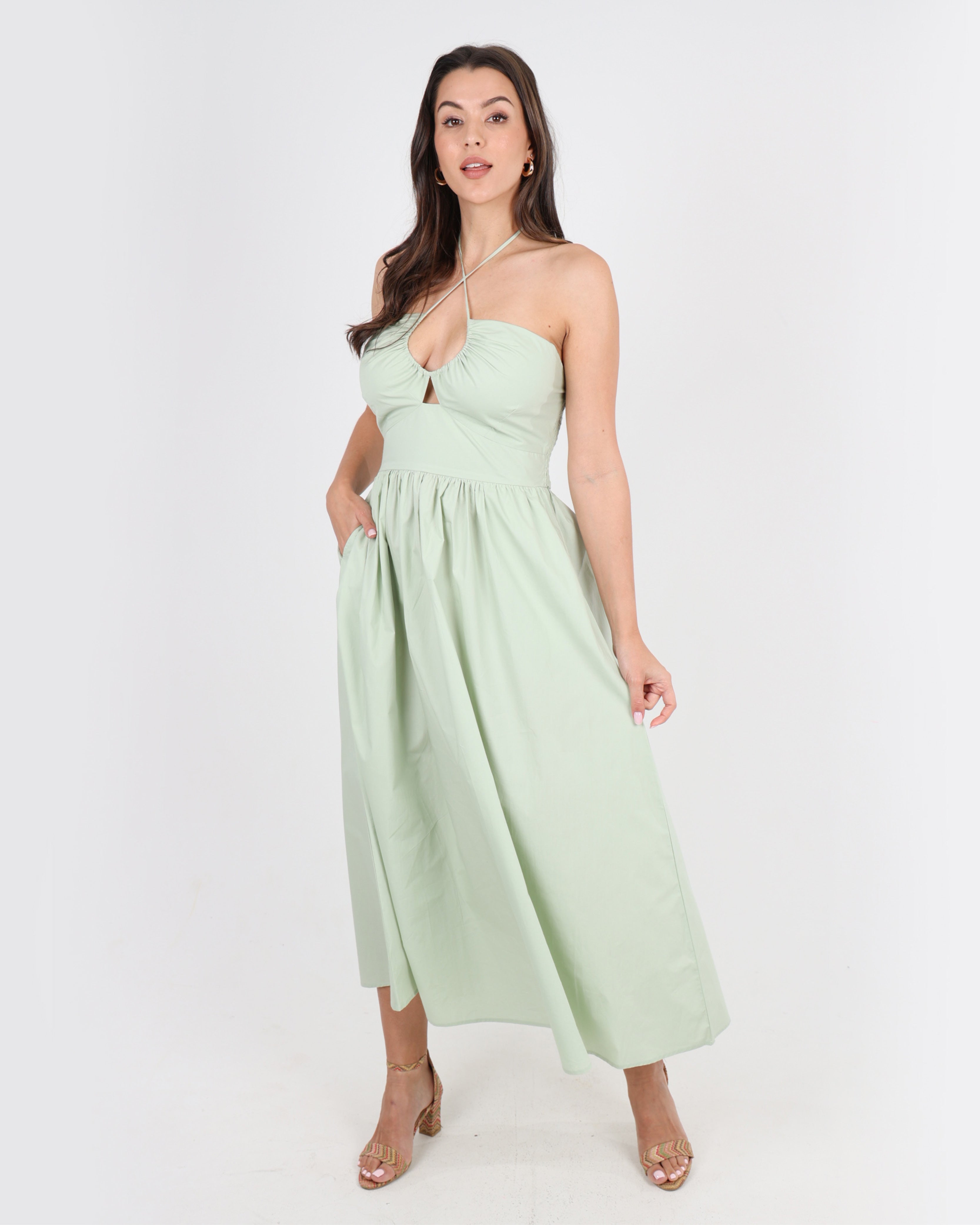 Livia Cotton Criss-Cross Maxi Dress in Sage