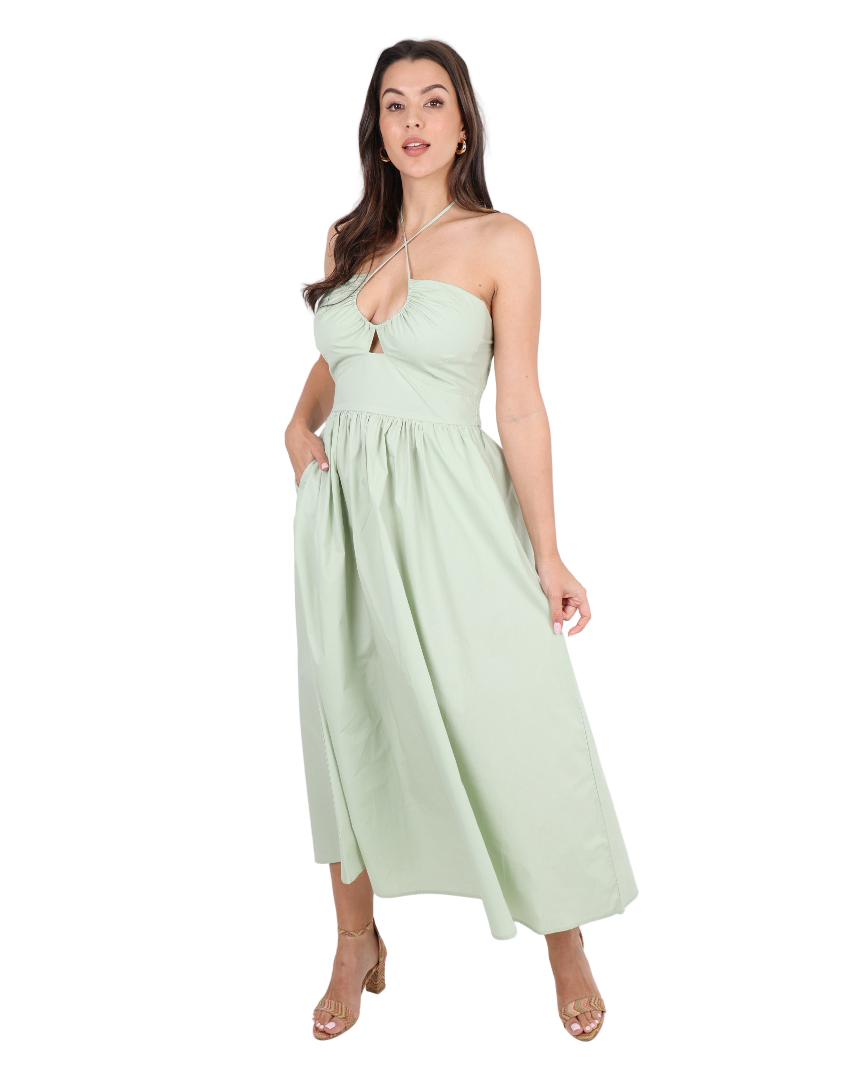 Livia Cotton Criss-Cross Maxi Dress in Sage