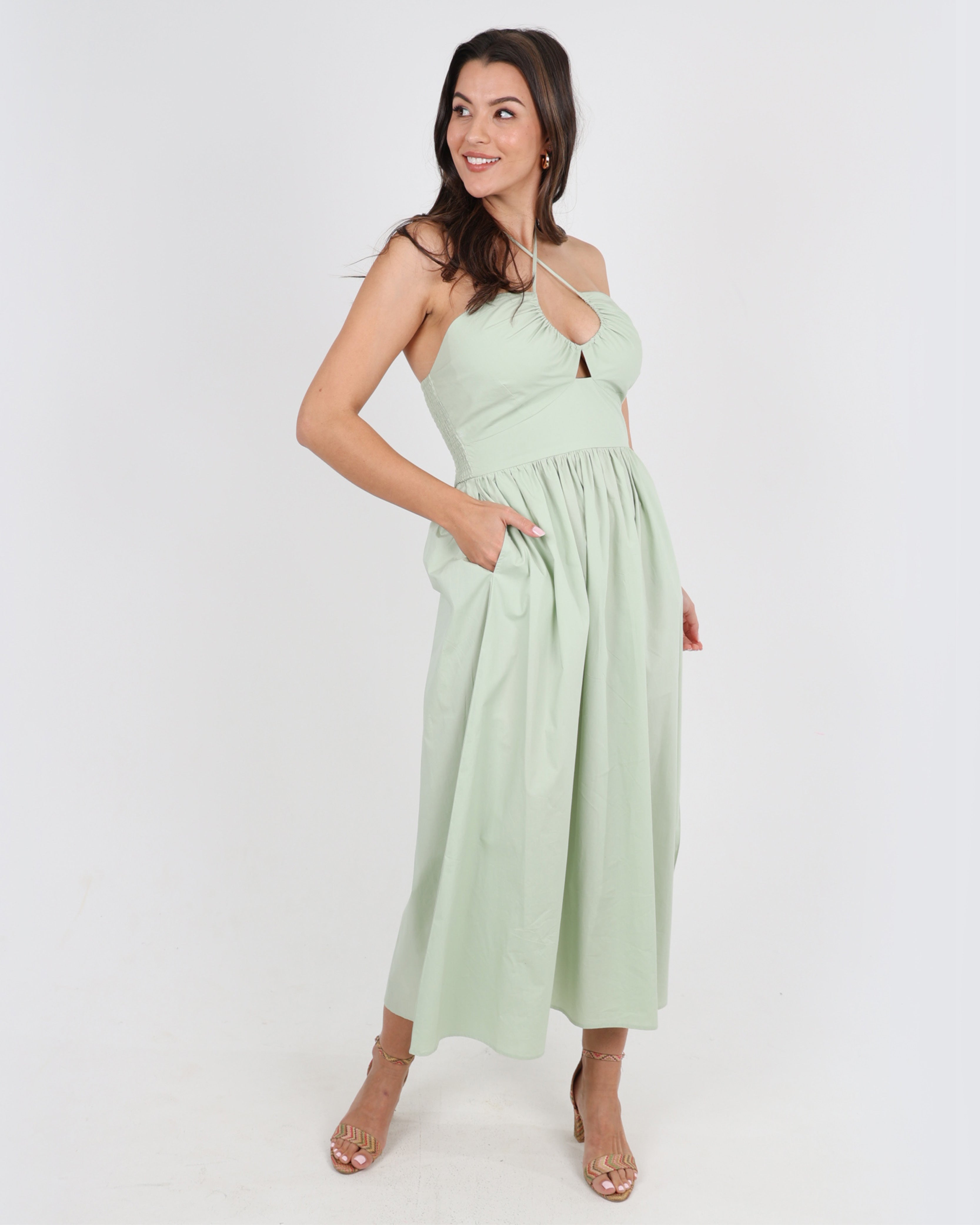 Livia Cotton Criss-Cross Maxi Dress in Sage