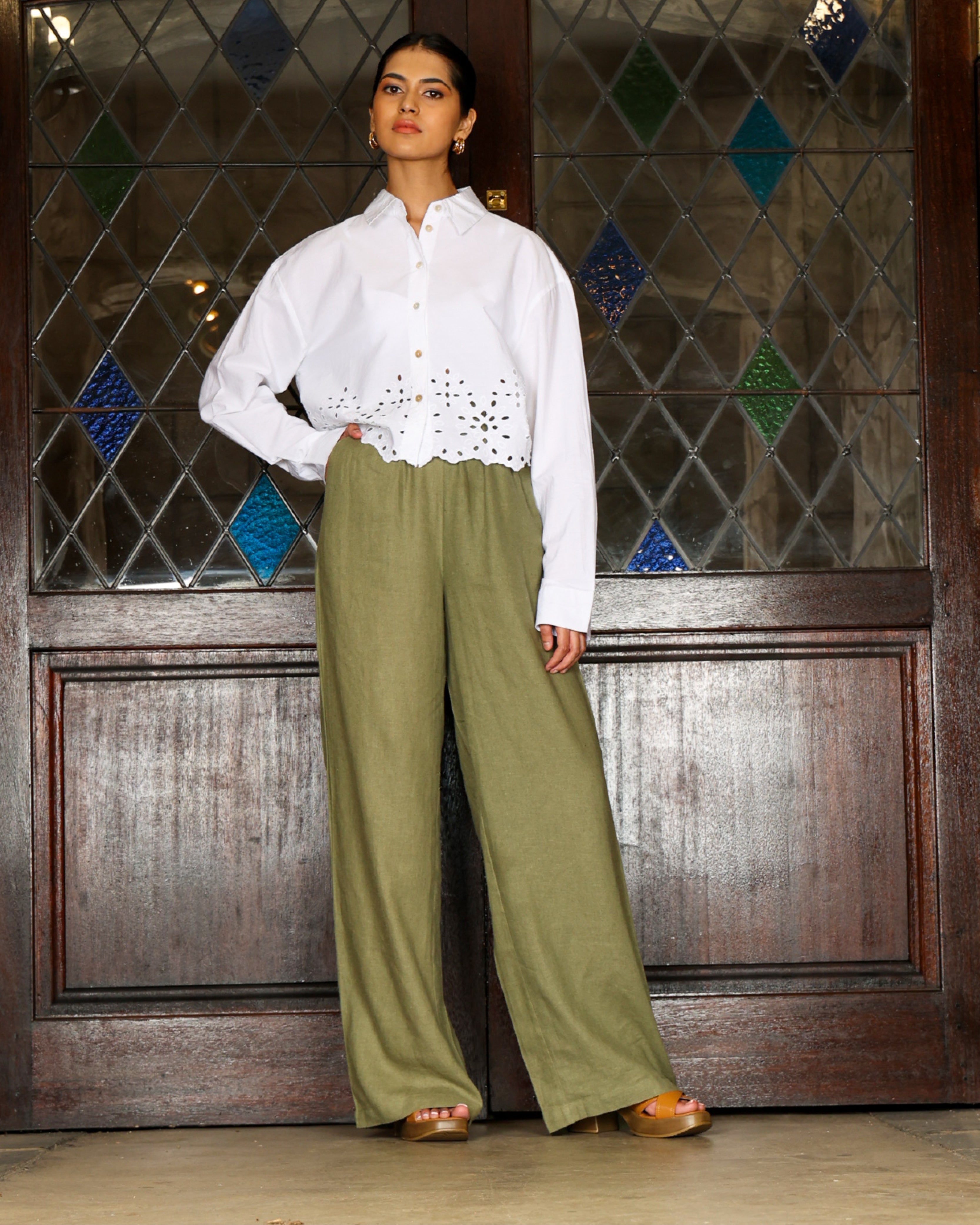 Ruched Waist Wide Leg Pants