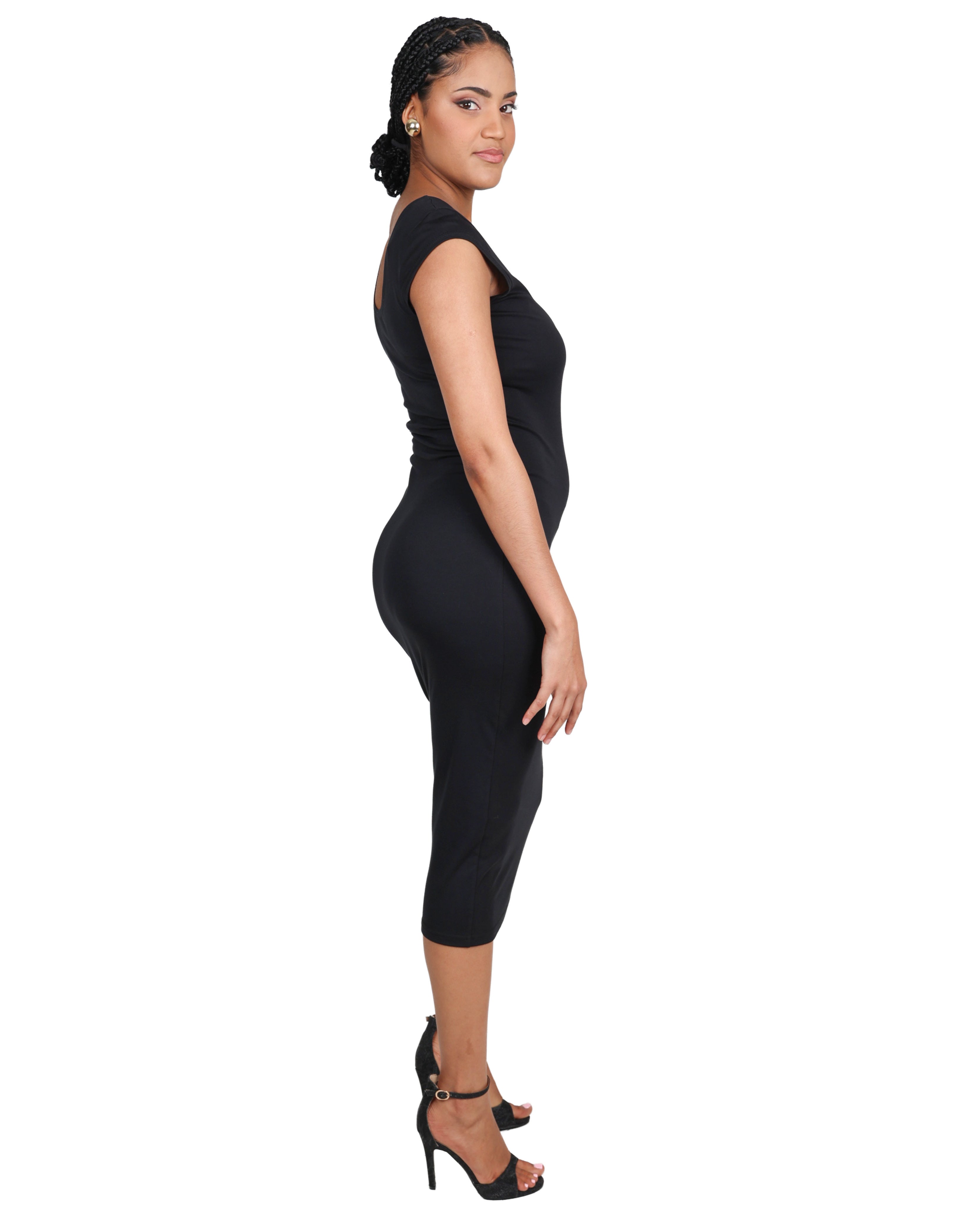 Black Cap Sleeve Midi Bodycon Dress