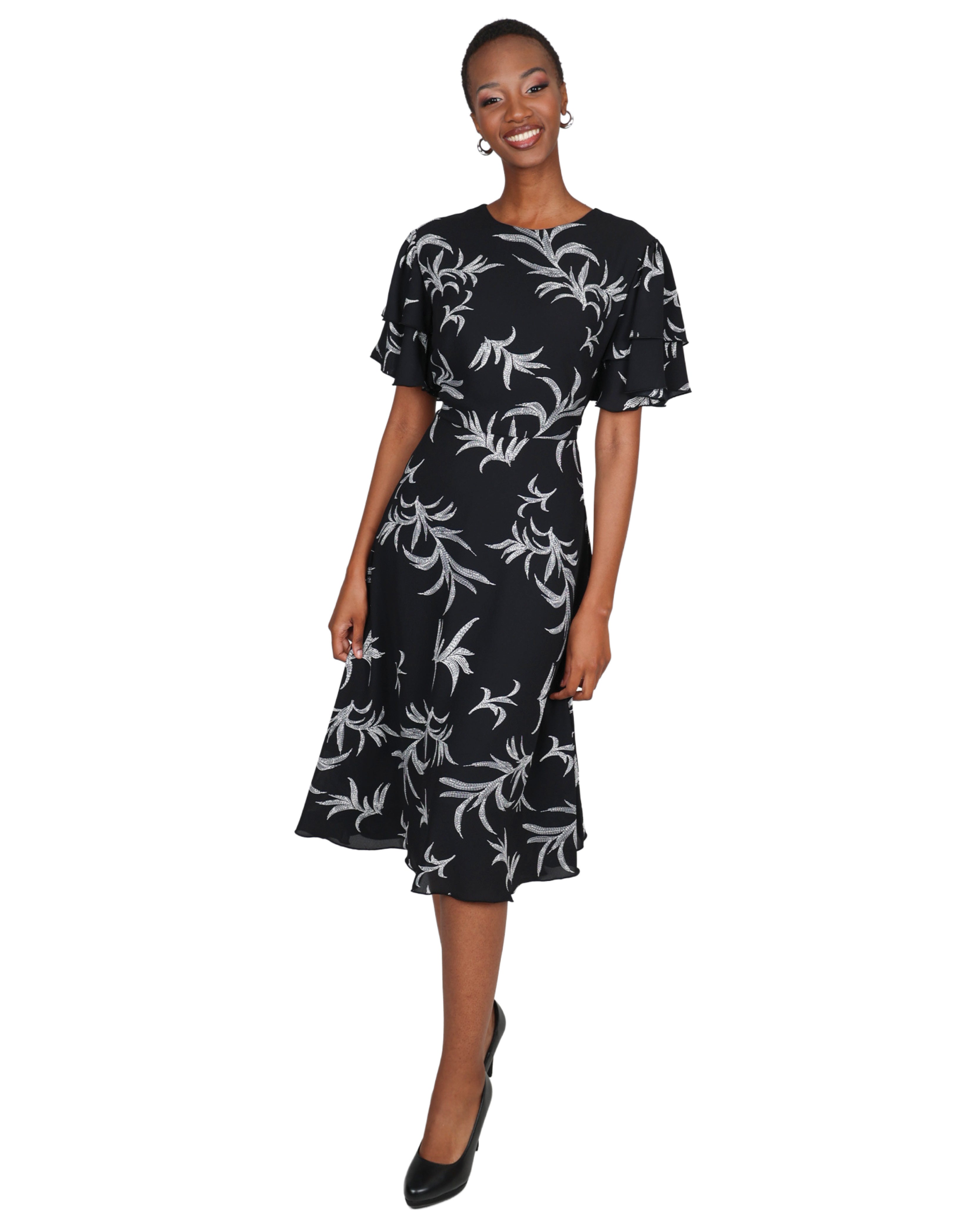 Monochrome Leaf Print Flutter Sleeve Dress
