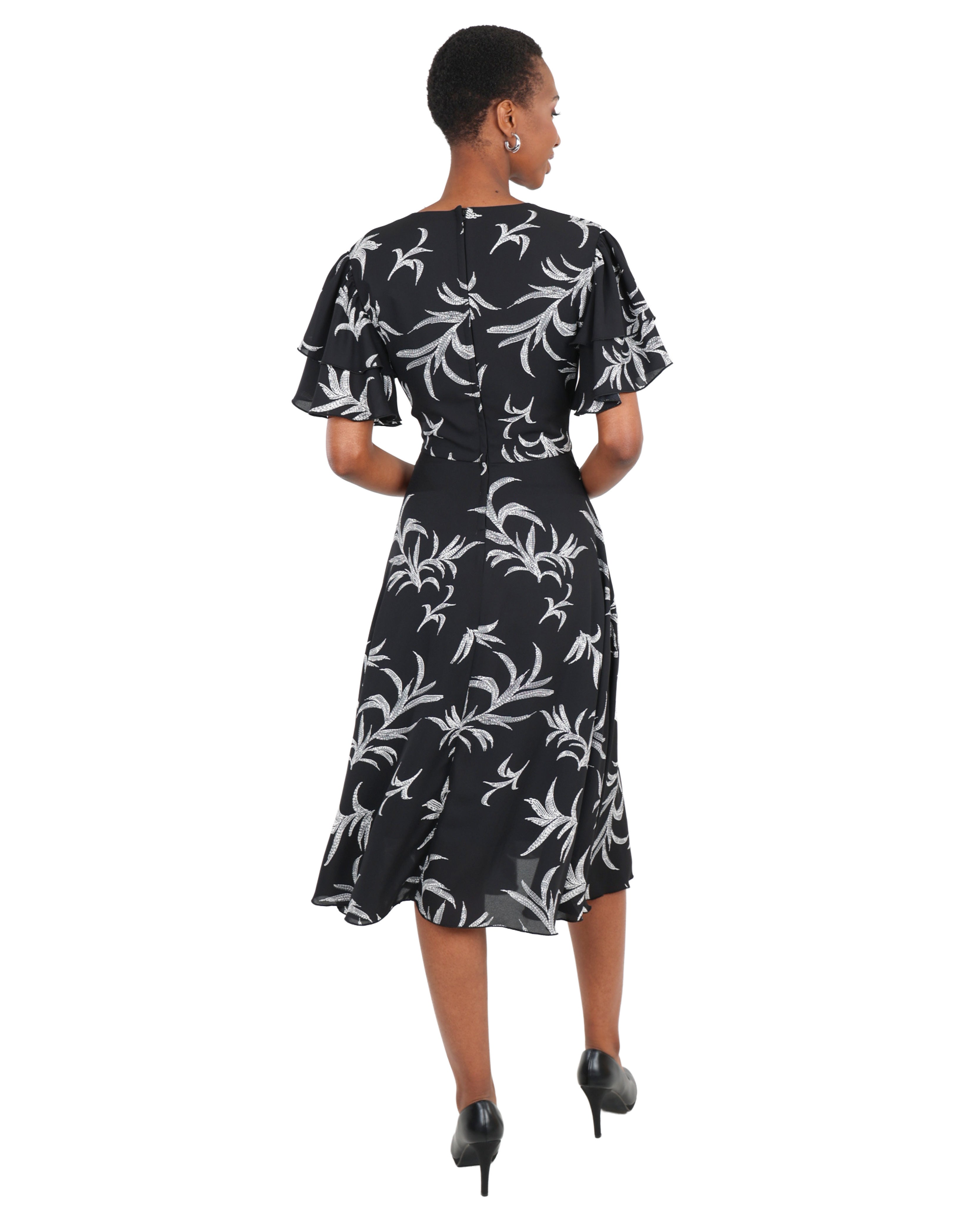 Monochrome Leaf Print Flutter Sleeve Dress