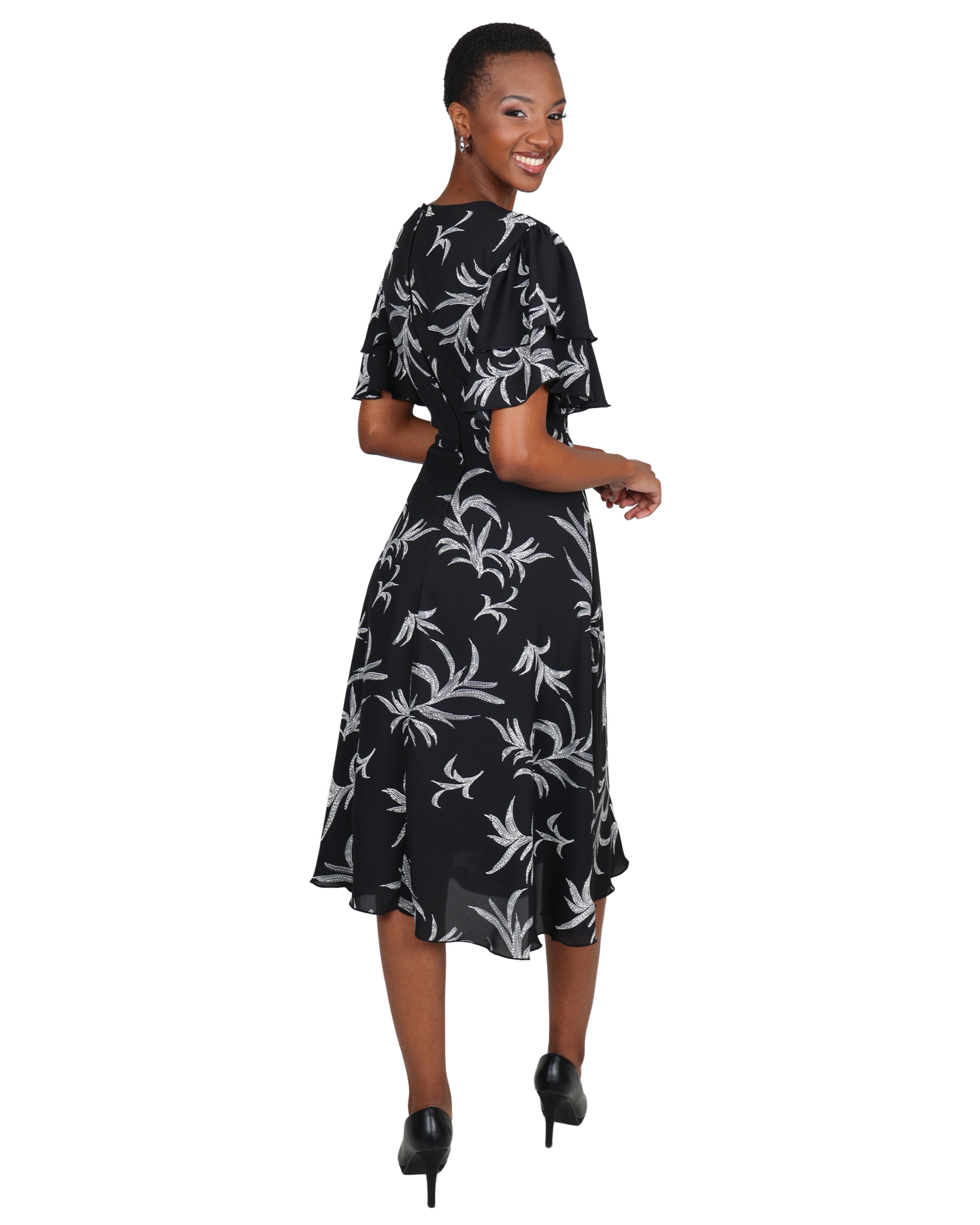 Monochrome Leaf Print Flutter Sleeve Dress