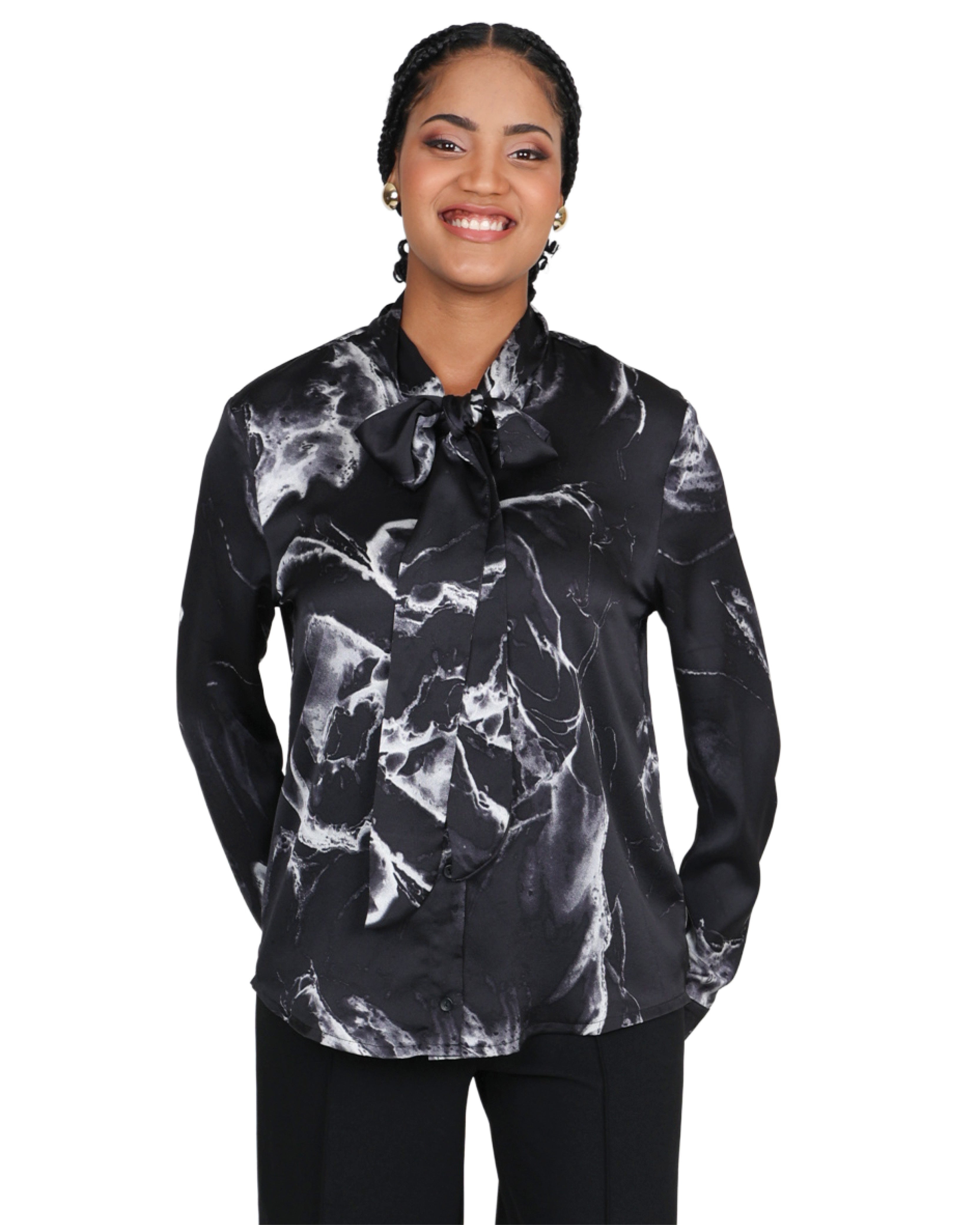 Abstract Monochrome Print Long Sleeve Kitty Bow Blouse